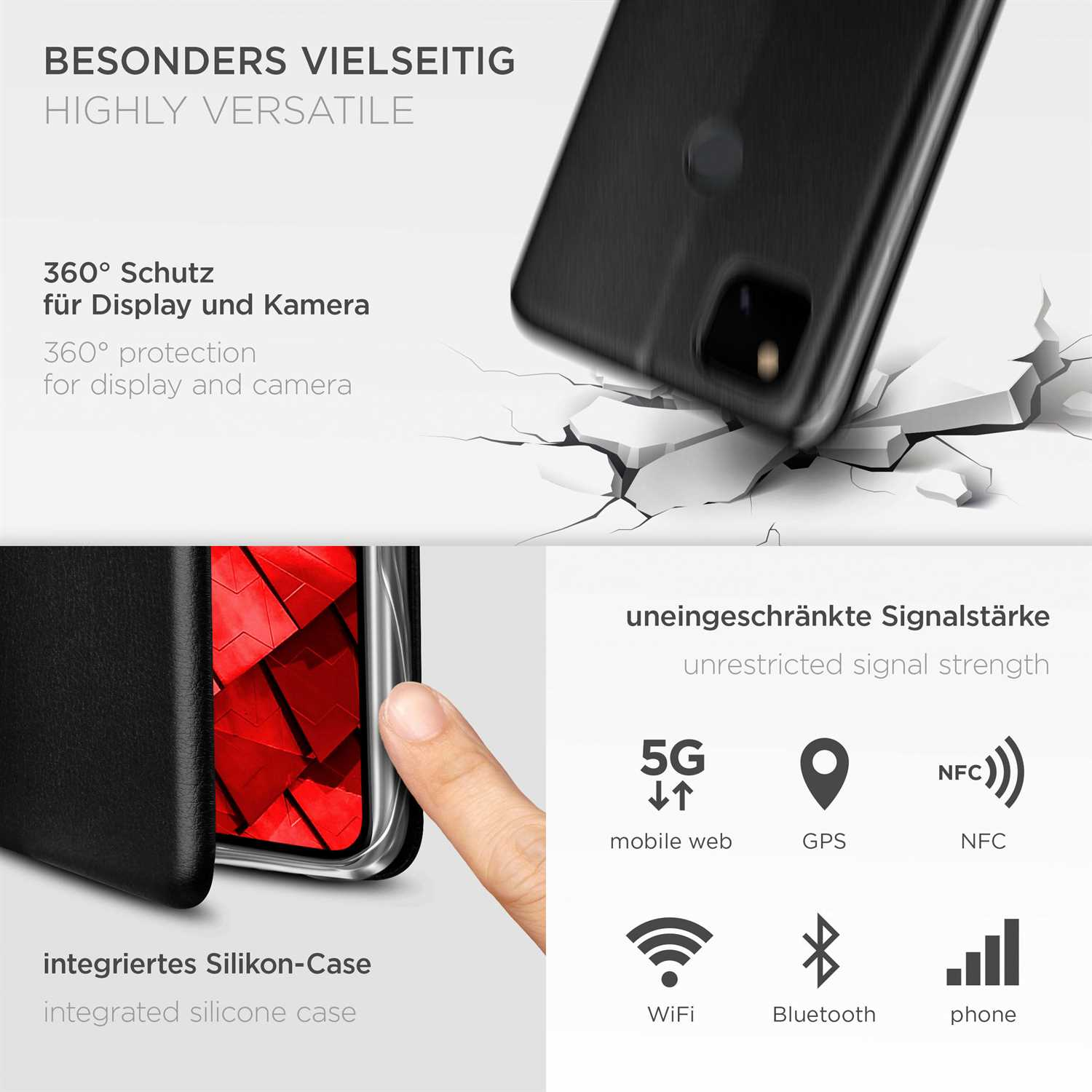 Das Bild zeigt eine Handyhülle mit Text über Funktionen und Icons für Konnektivität.