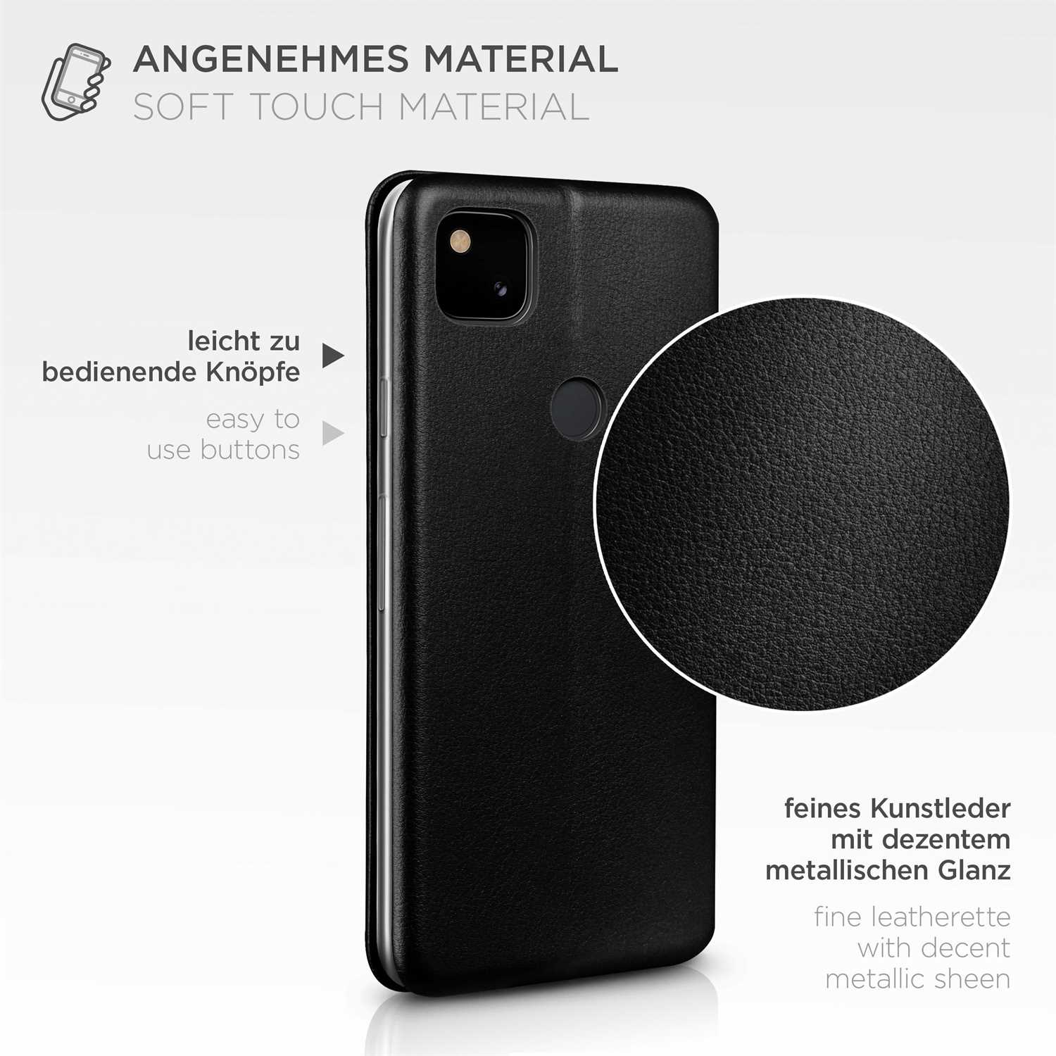 Schwarze Handyhülle mit schwarzem Text, mit Beschreibung über weiches Material und metallischen Glanz.