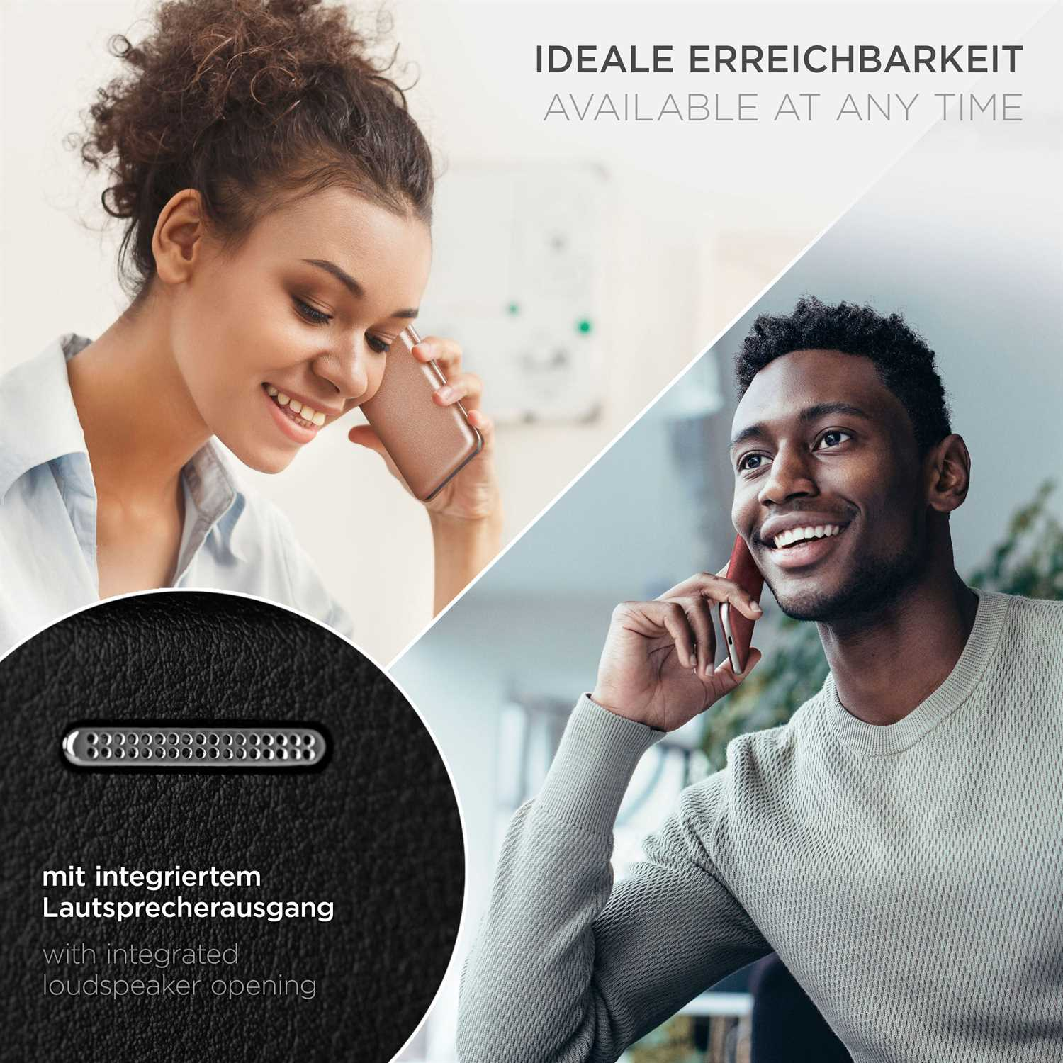 Zwei Personen benutzen Telefone, eine telefoniert, Text: jederzeit verfügbar.