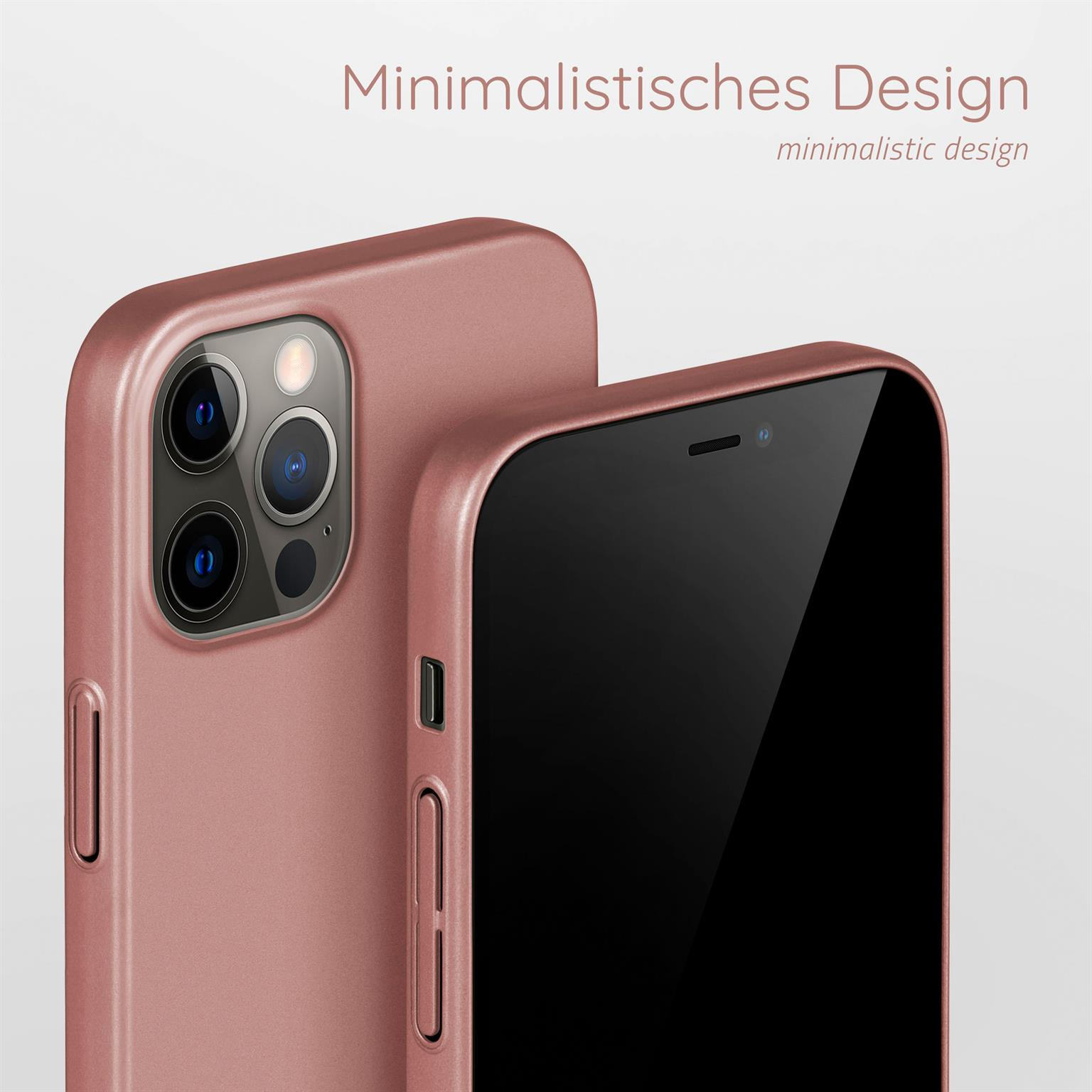Handyhülle mit zwei Handys, eines mit Hülle, das andere ohne. Roségoldene Farbe. Schwarzer Bildschirm.