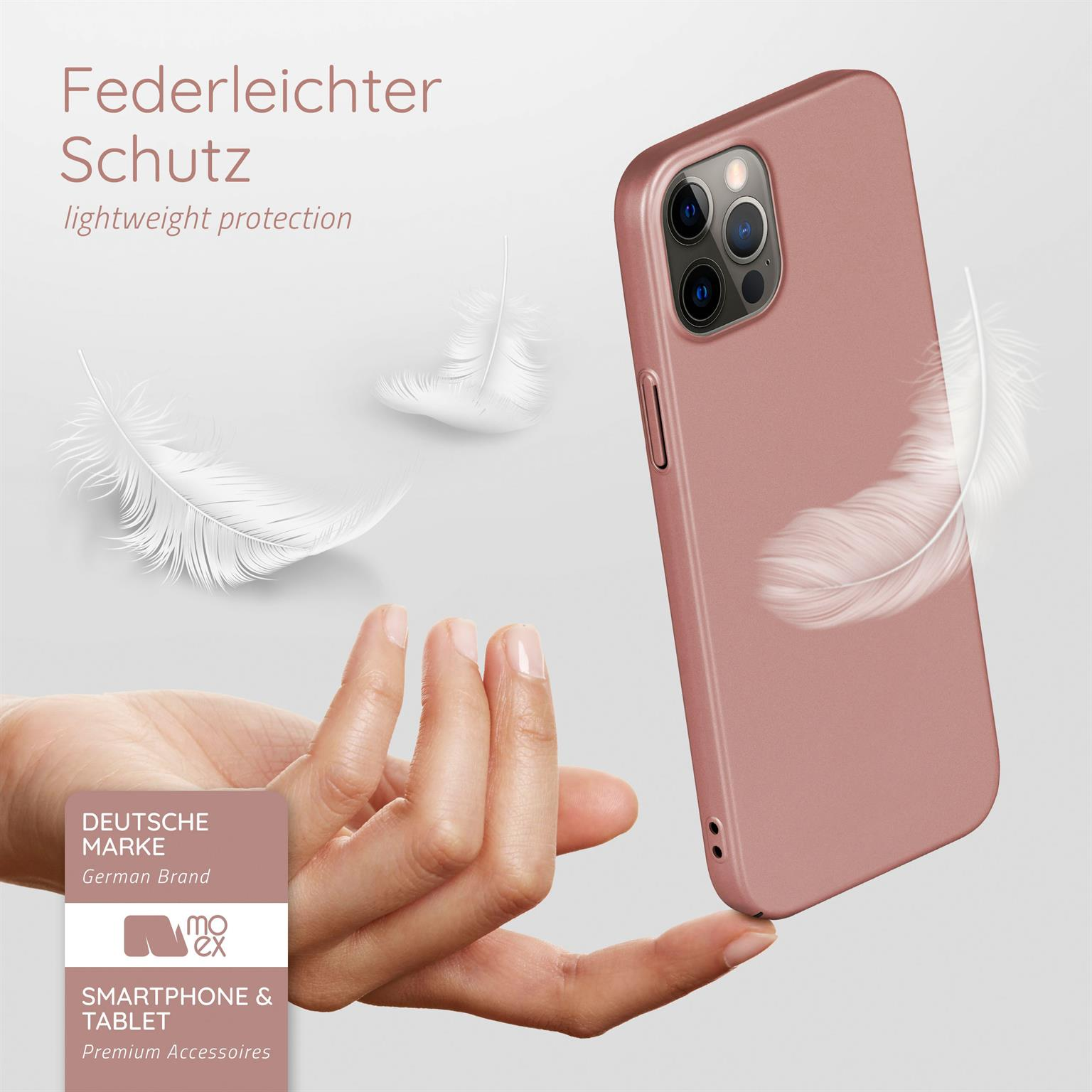Rosa Handyhülle mit Federn und Text: leichter Schutz. Deutsche Marke.