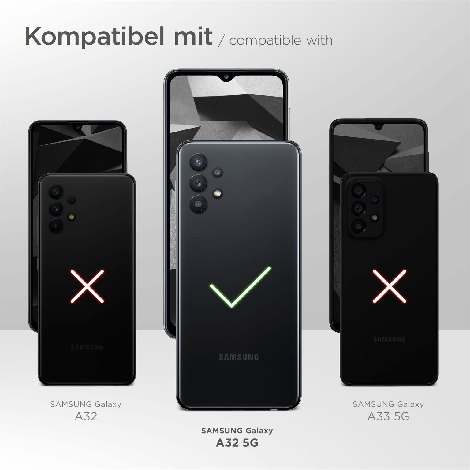 Drei schwarze Samsung-Telefone nebeneinander, mit einem grünen Häkchen auf dem mittleren.