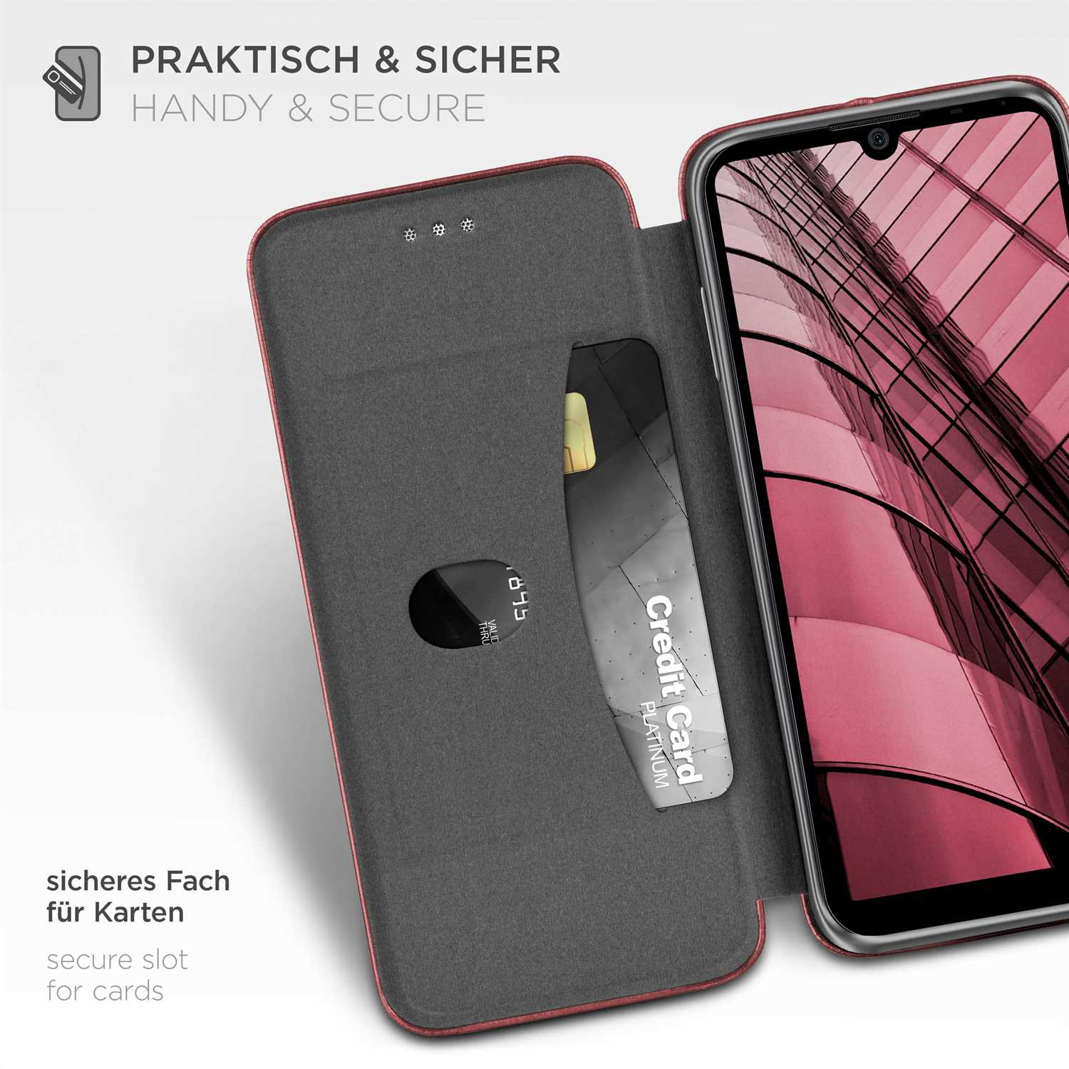 Geöffnete Handyhülle mit Kartenfach und Kreditkarte. Roter Hintergrund.