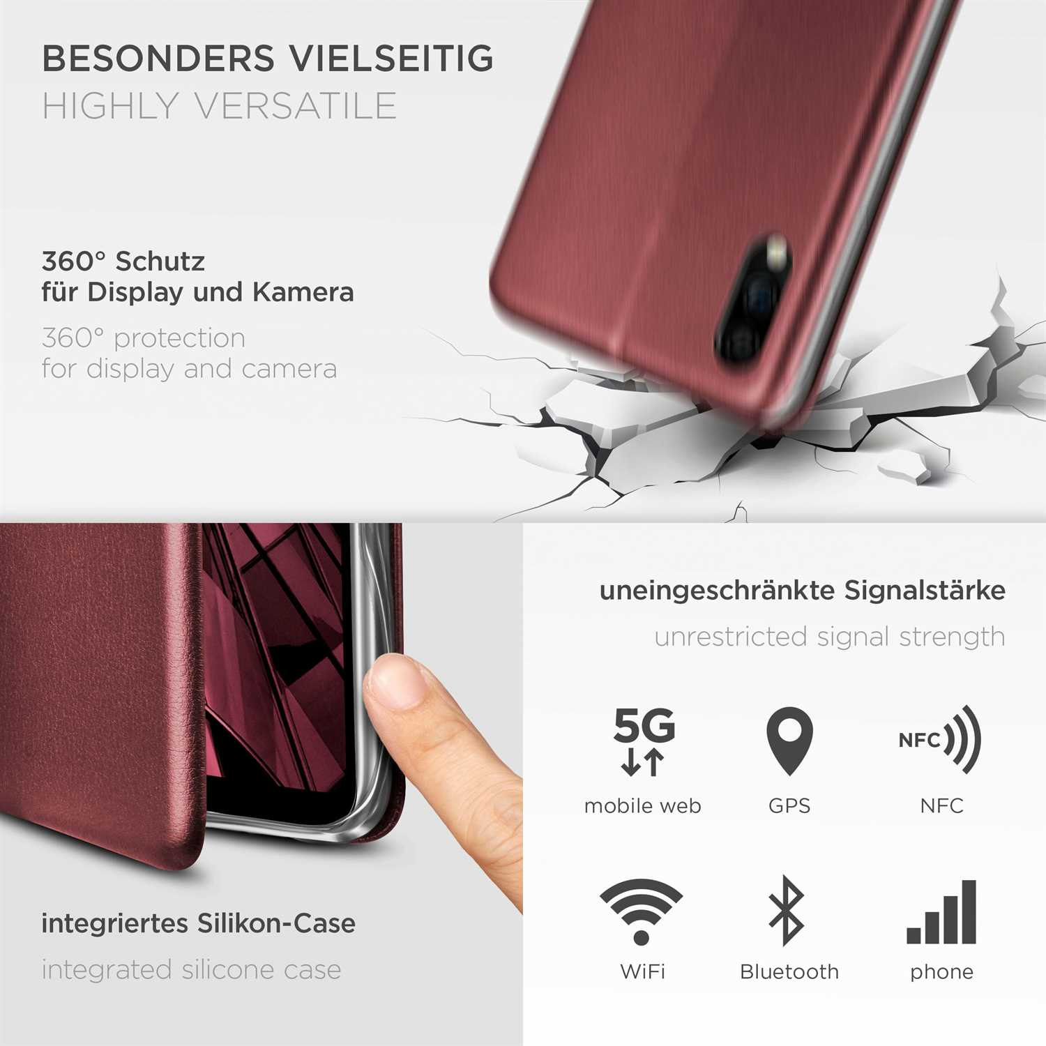 Burgunderfarbene Handyhülle, rissiger Hintergrund und Symbole für 5G, GPS, NFC, WLAN, Bluetooth, Telefon.