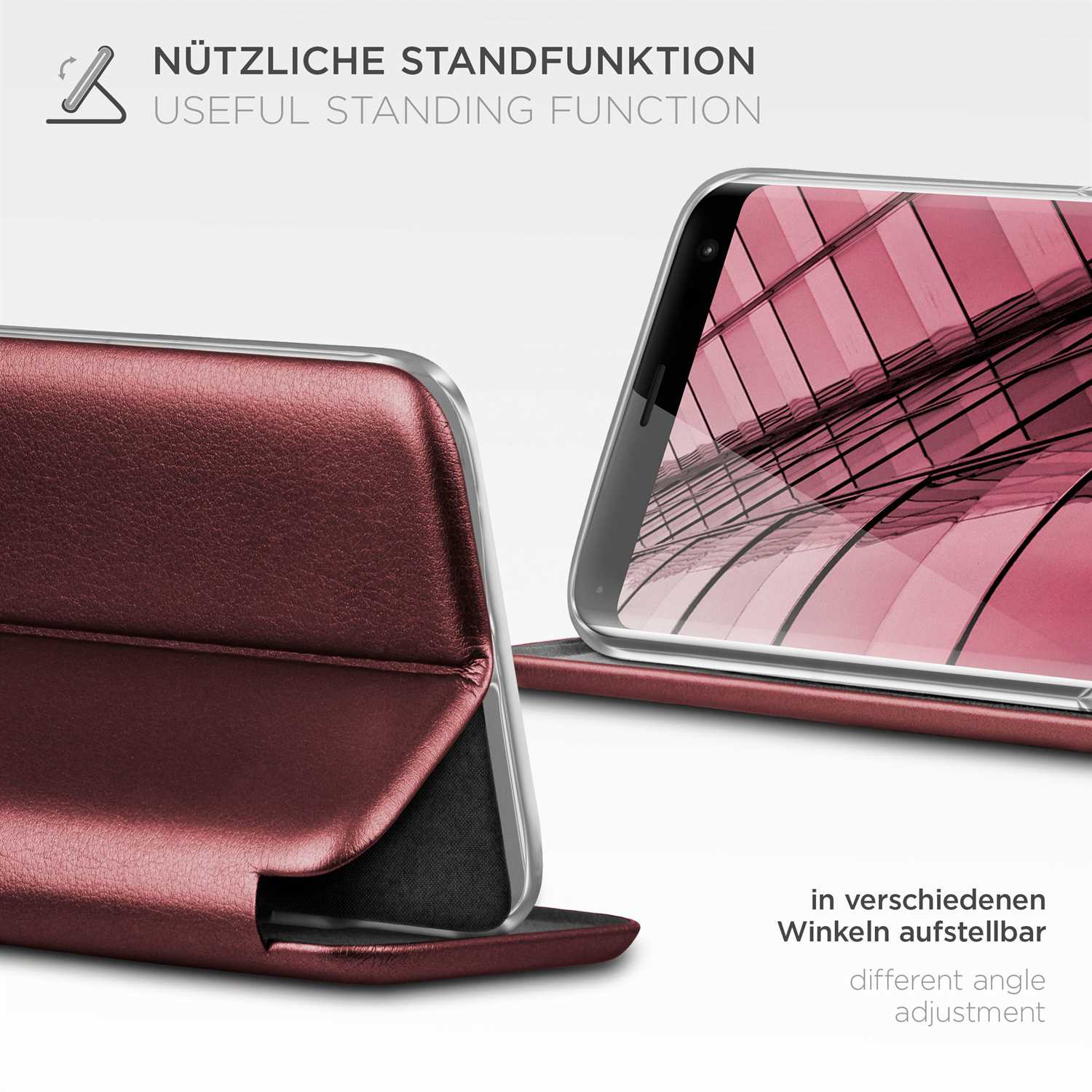 Ein Telefon mit einer Hülle, die aufgestellt werden kann. Text zeigt verschiedene Winkeleinstellungen an.