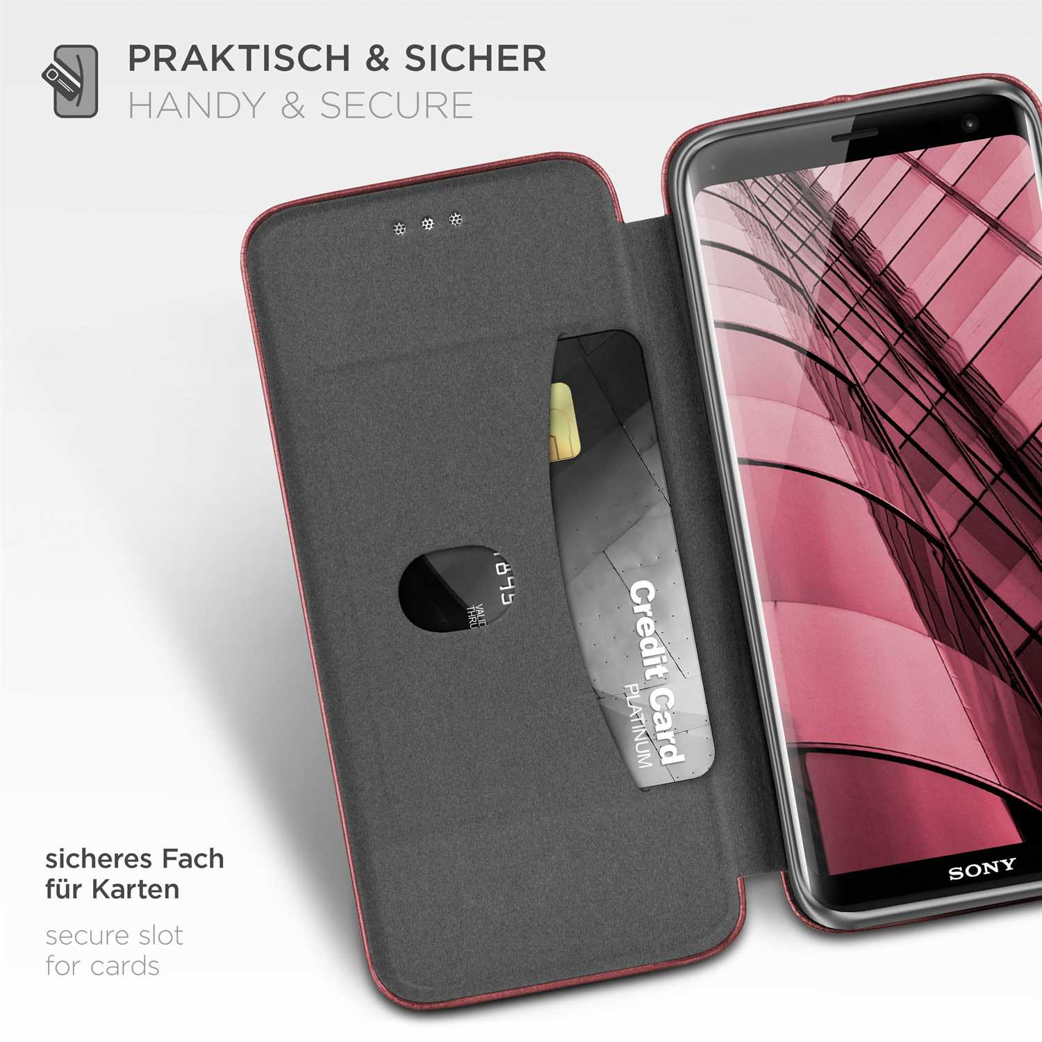 Handyhülle mit offenem Kartenfach, Kreditkarte innen. Text: Praktisch & Sicher, Sicheres Fach für Karten.