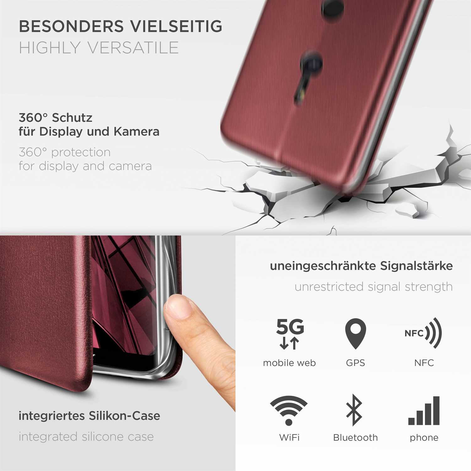 Bild zeigt eine Handyhülle mit Schutzfunktionen, einschließlich 360°-Schutz für Display, Kamera und Signal.