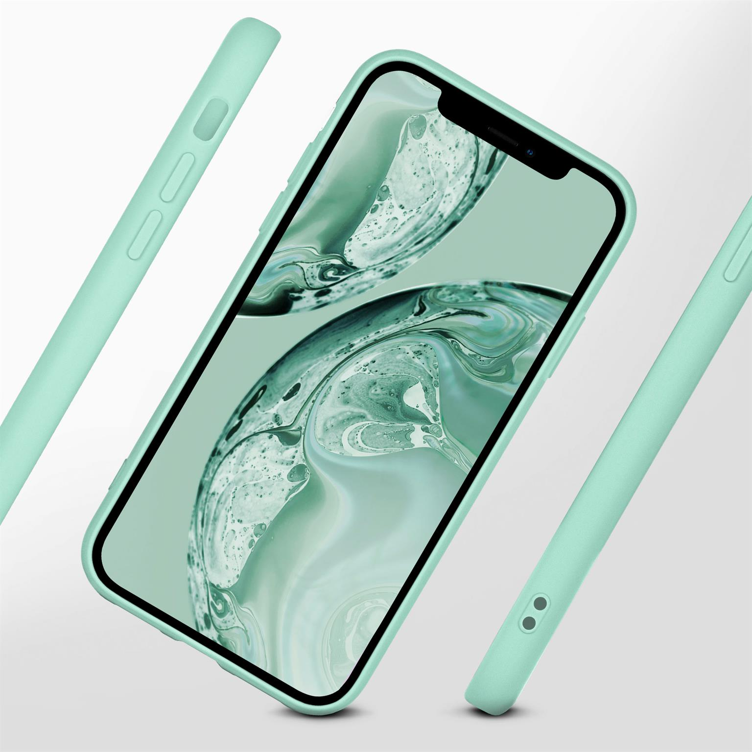 Mintgrüne Handyhülle. Das Telefon ist darin, und es wird auch aus verschiedenen Winkeln gezeigt.