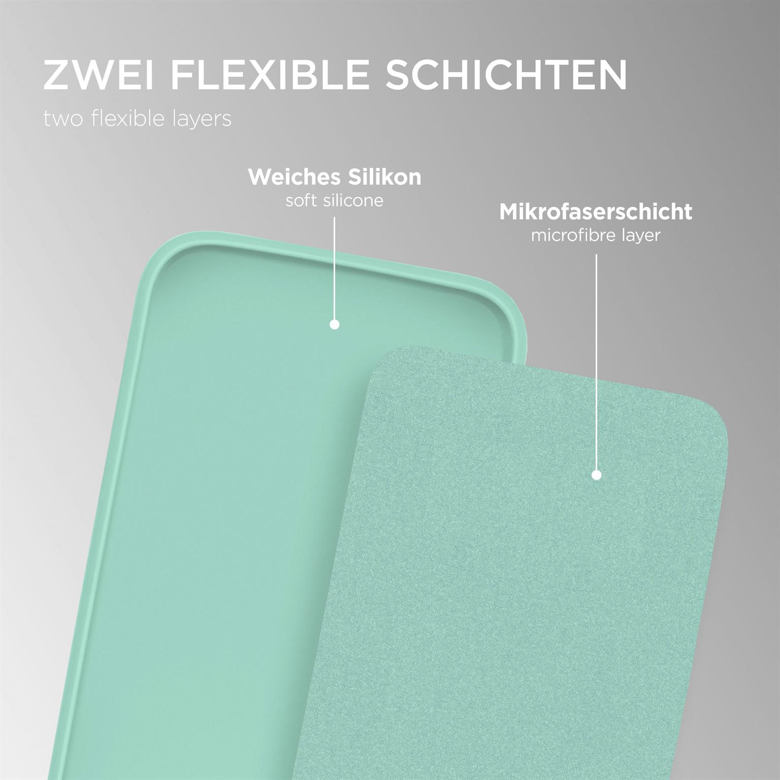 Zweischichtige Handyhülle: weiches Silikon und Mikrofaser.
