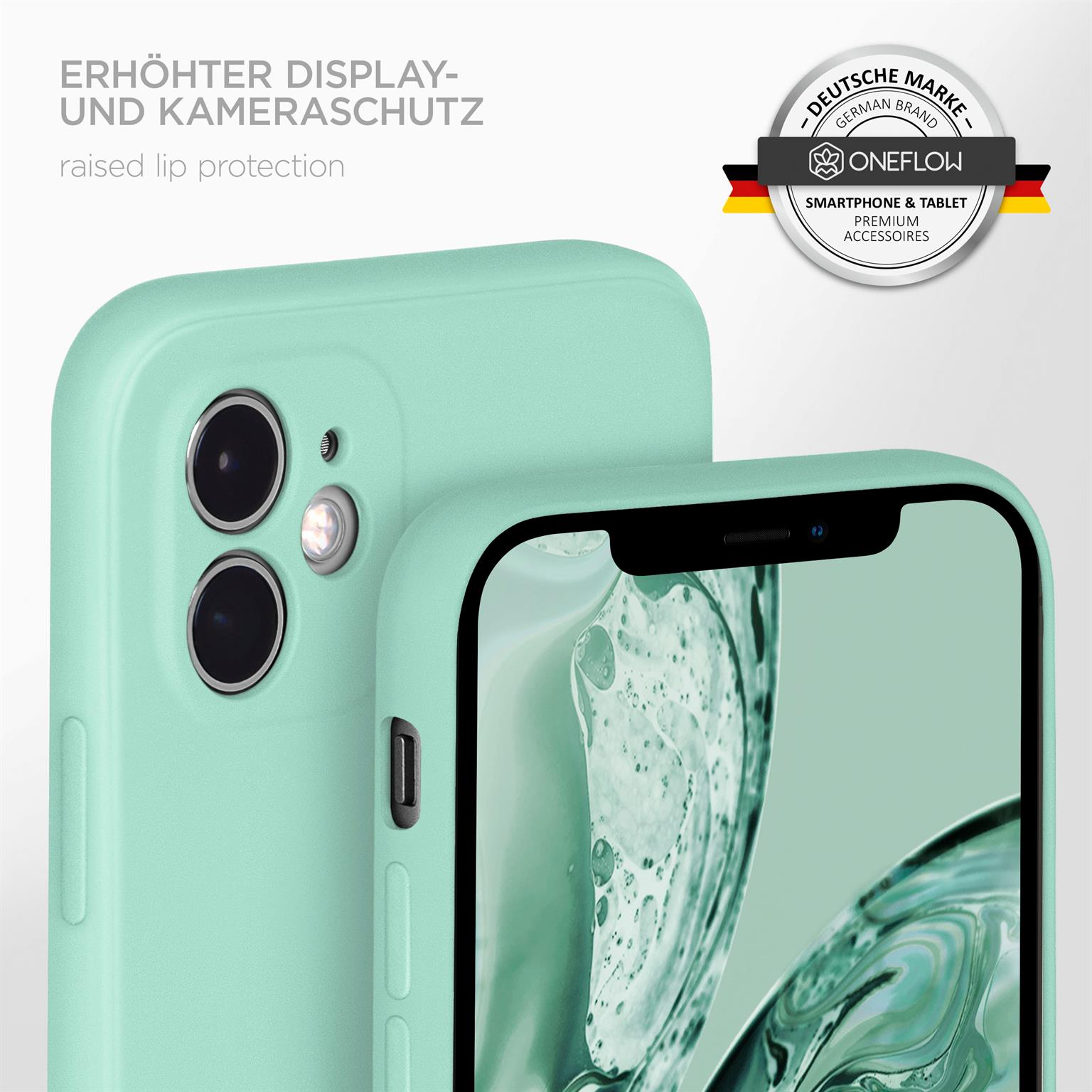 Handyhülle mit Telefon darin. Die Hülle ist mintgrün, das Telefon hat eine Kamera.