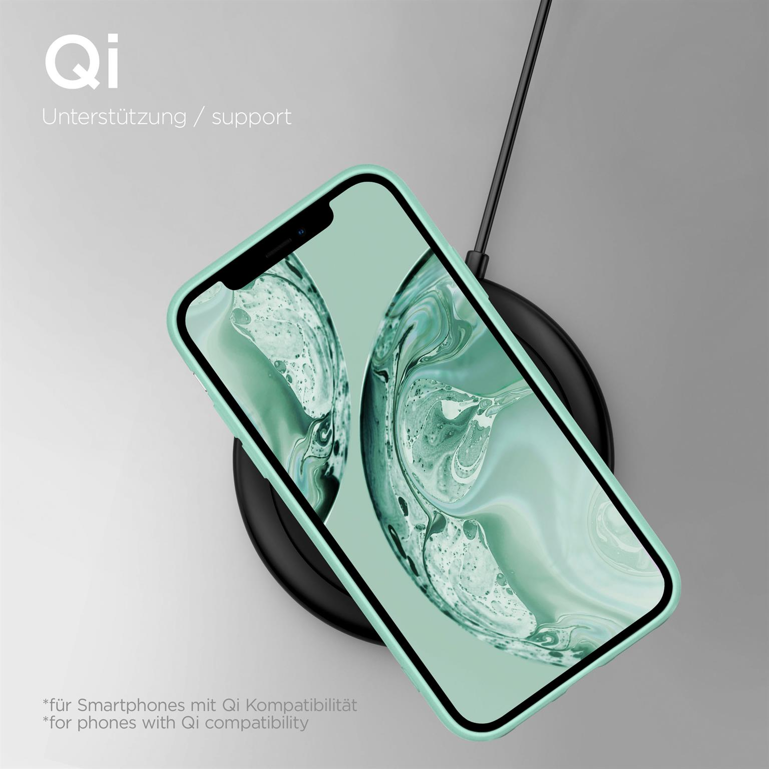 Telefon auf kabellosem Ladegerät mit grüner Hülle. Text: Qi-Unterstützung.