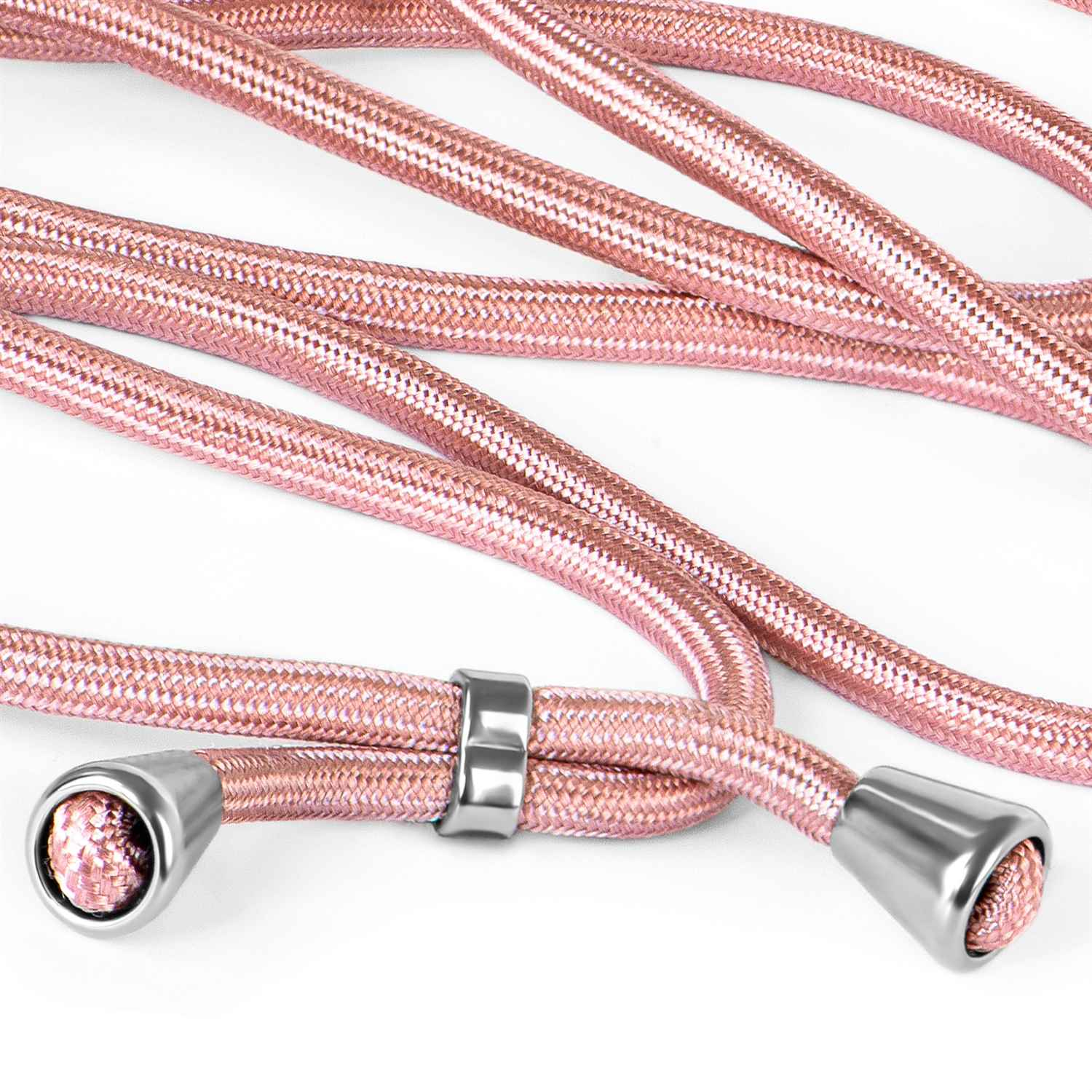 Nahaufnahme eines rosa geflochtenen Kordels mit metallischen Enden. Das Kabel liegt auf einer weißen Oberfläche.