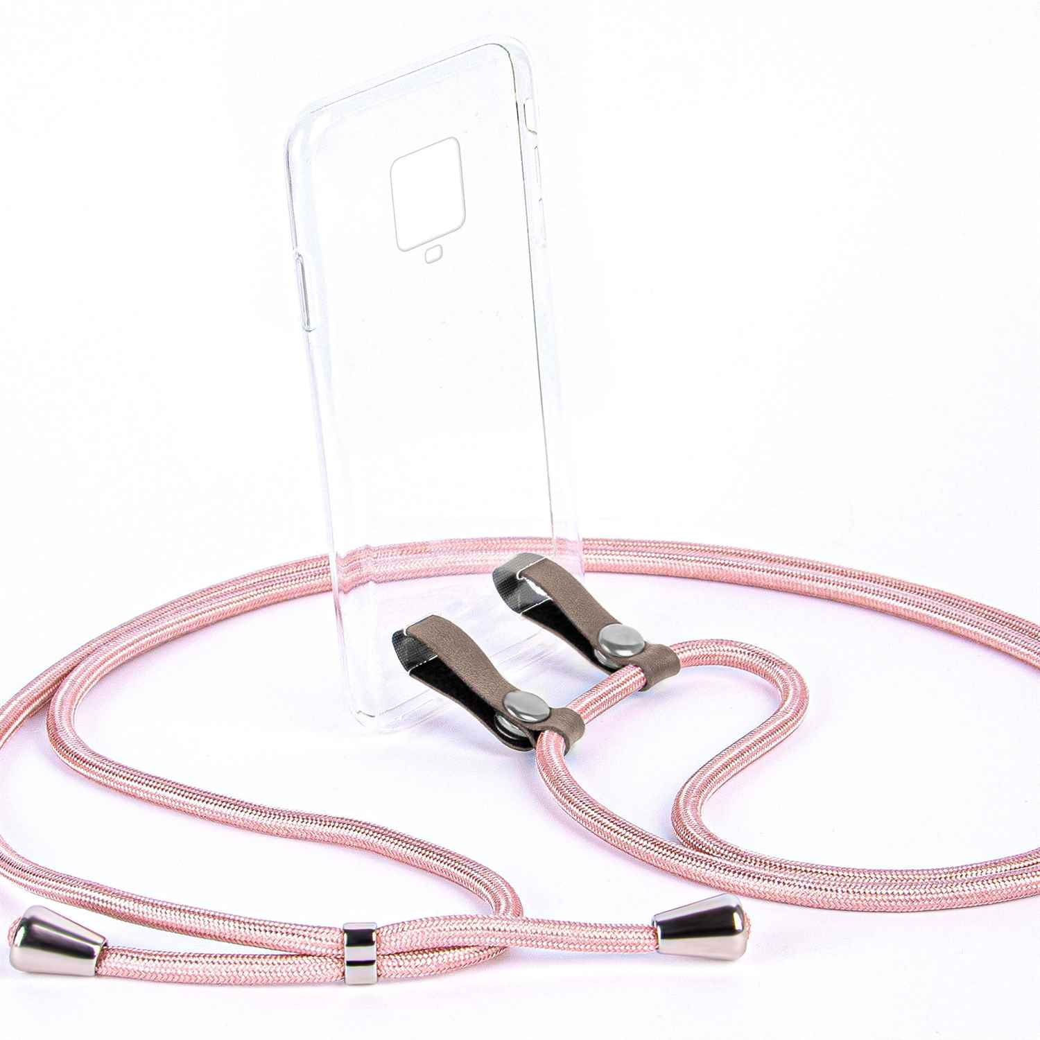 Rosa geflochtenes Telefon-Schlüsselband mit einer transparenten Handyhülle. Silberne Metallenden und Verbinder.