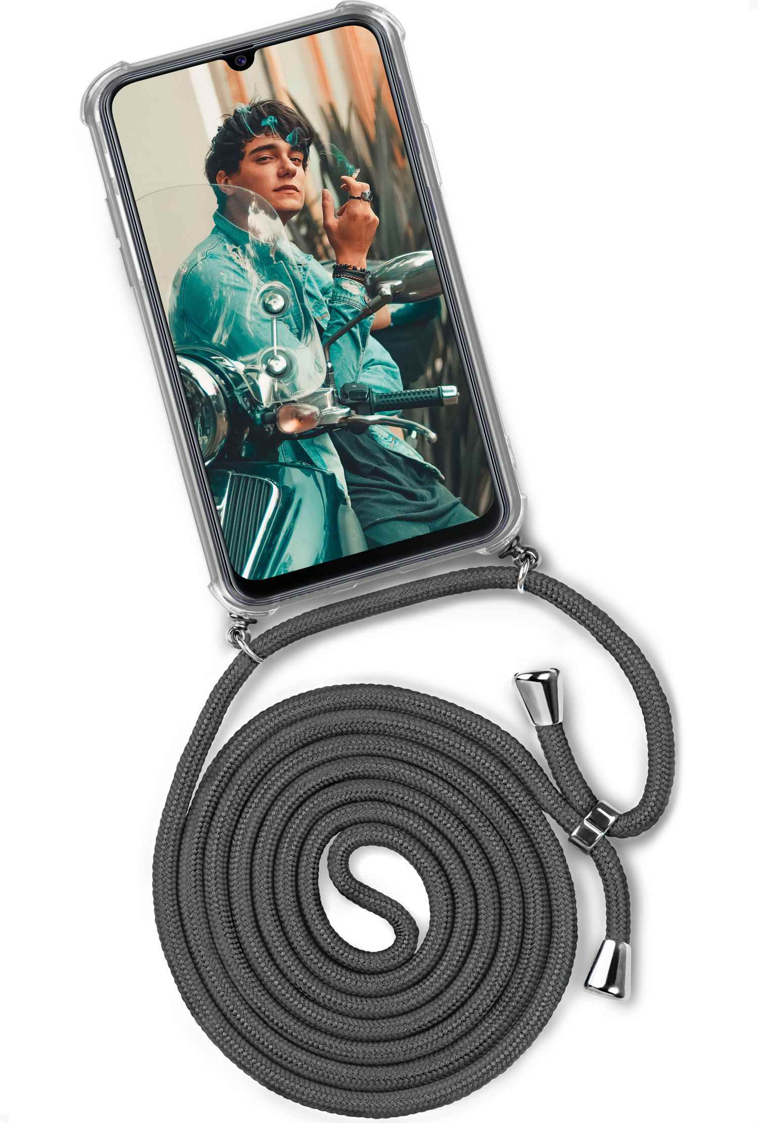 Telefon mit Hülle und grauem Riemen, das Telefon zeigt einen Mann auf einem Motorrad.