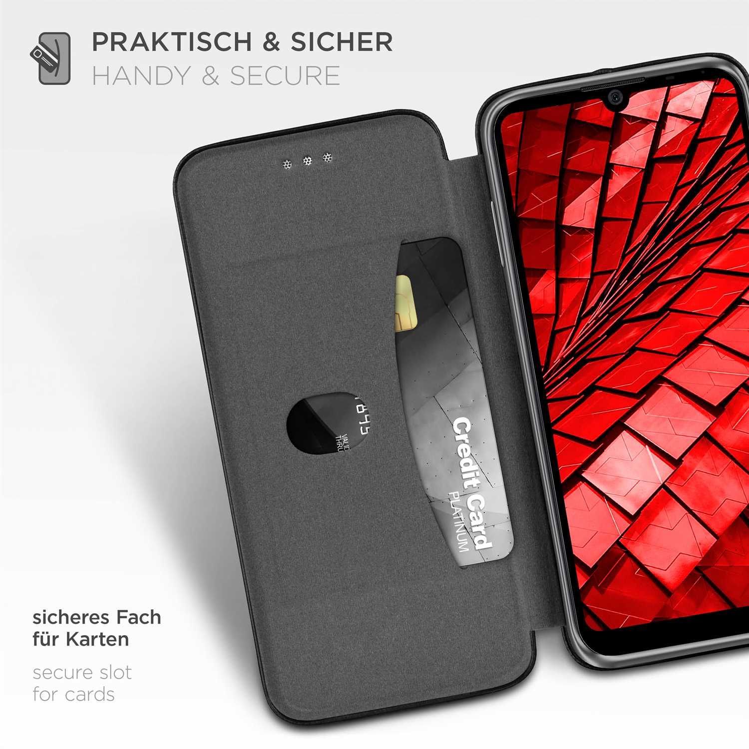 Handyhülle mit Kreditkarte, sicheres Fach. Der Bildschirm zeigt ein rotes Muster.