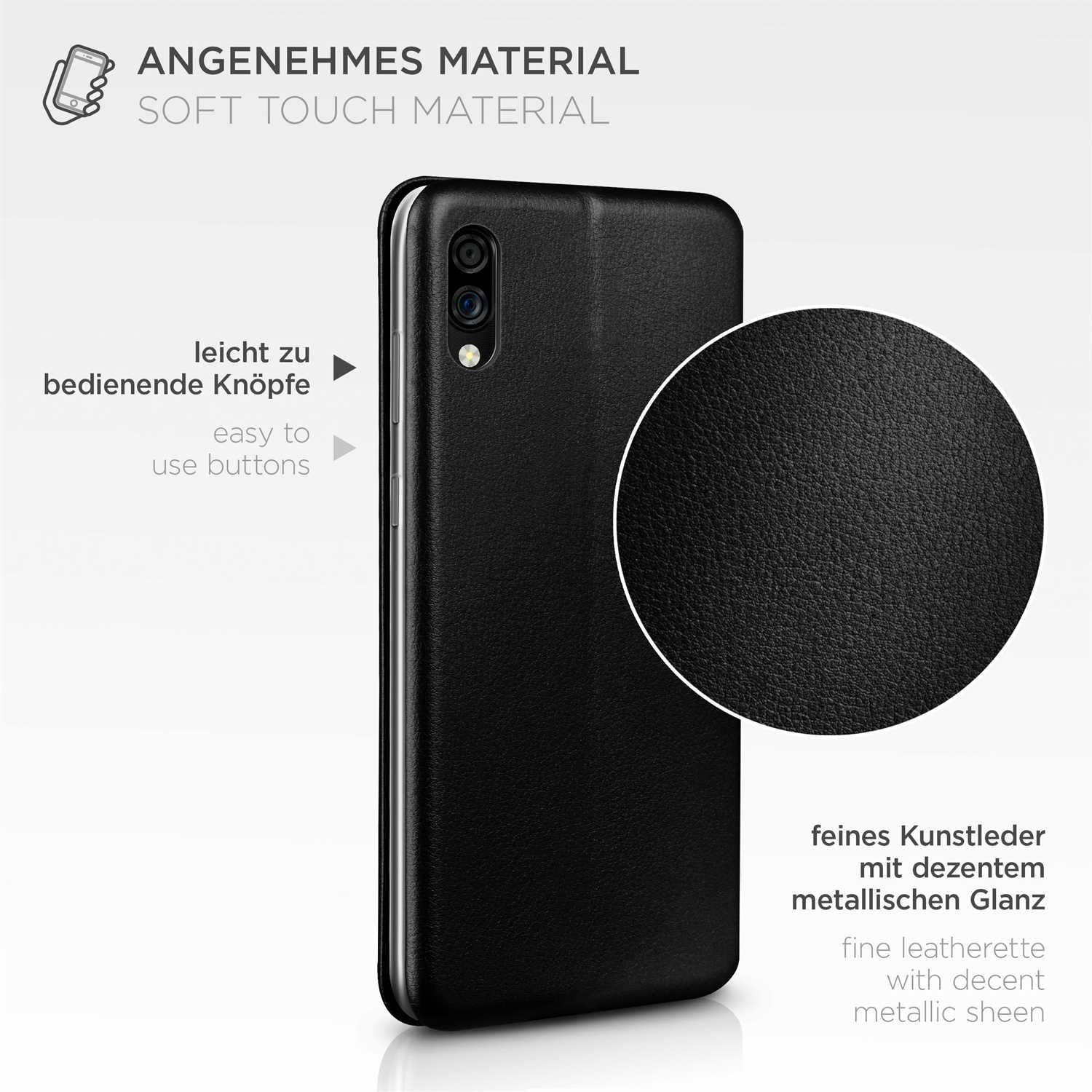 Schwarze Handyhülle mit schwarzem Telefon darin und Detailansicht der Lederstruktur.