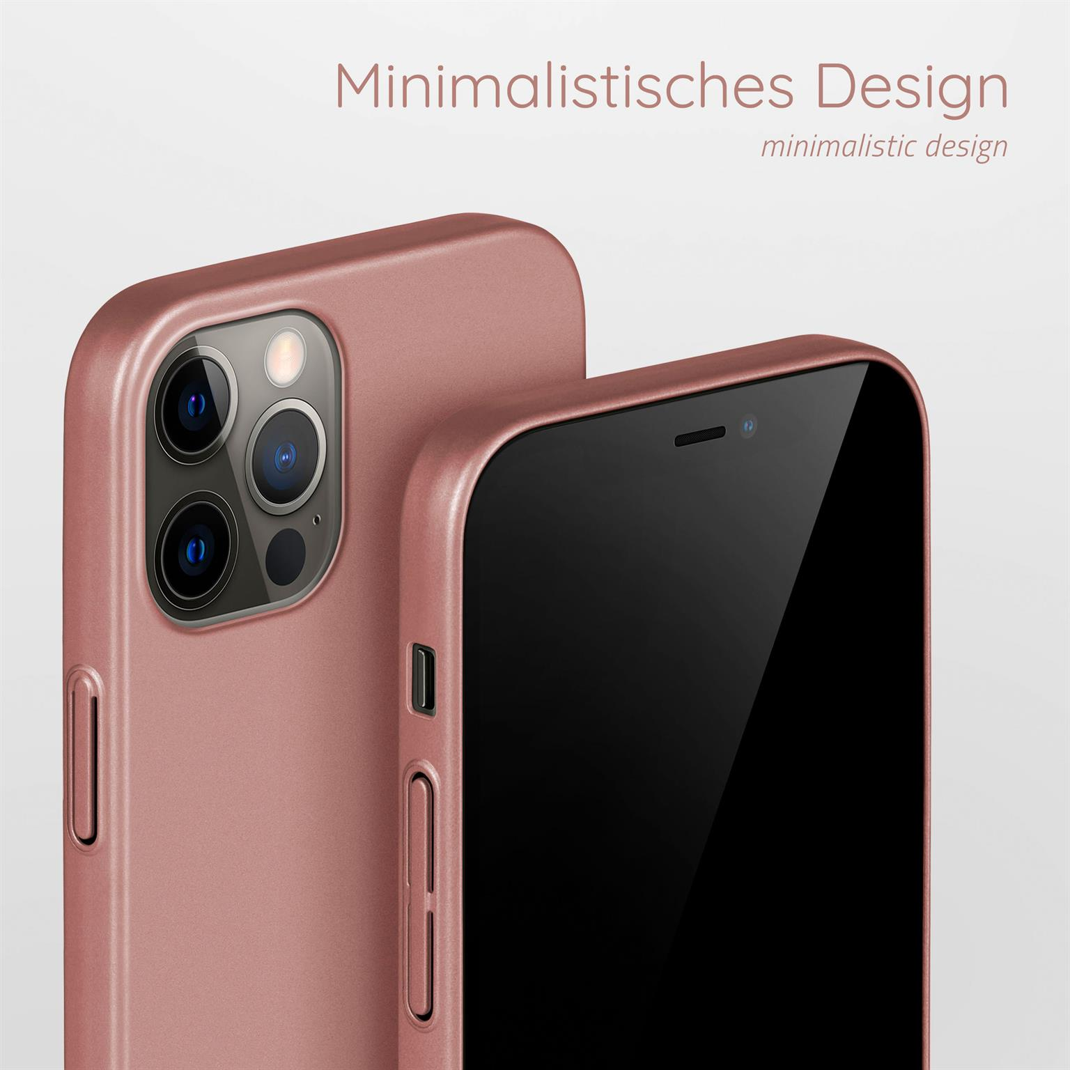 Nahaufnahme von zwei rosafarbenen Handyhüllen, mit Text über minimalistisches Design.