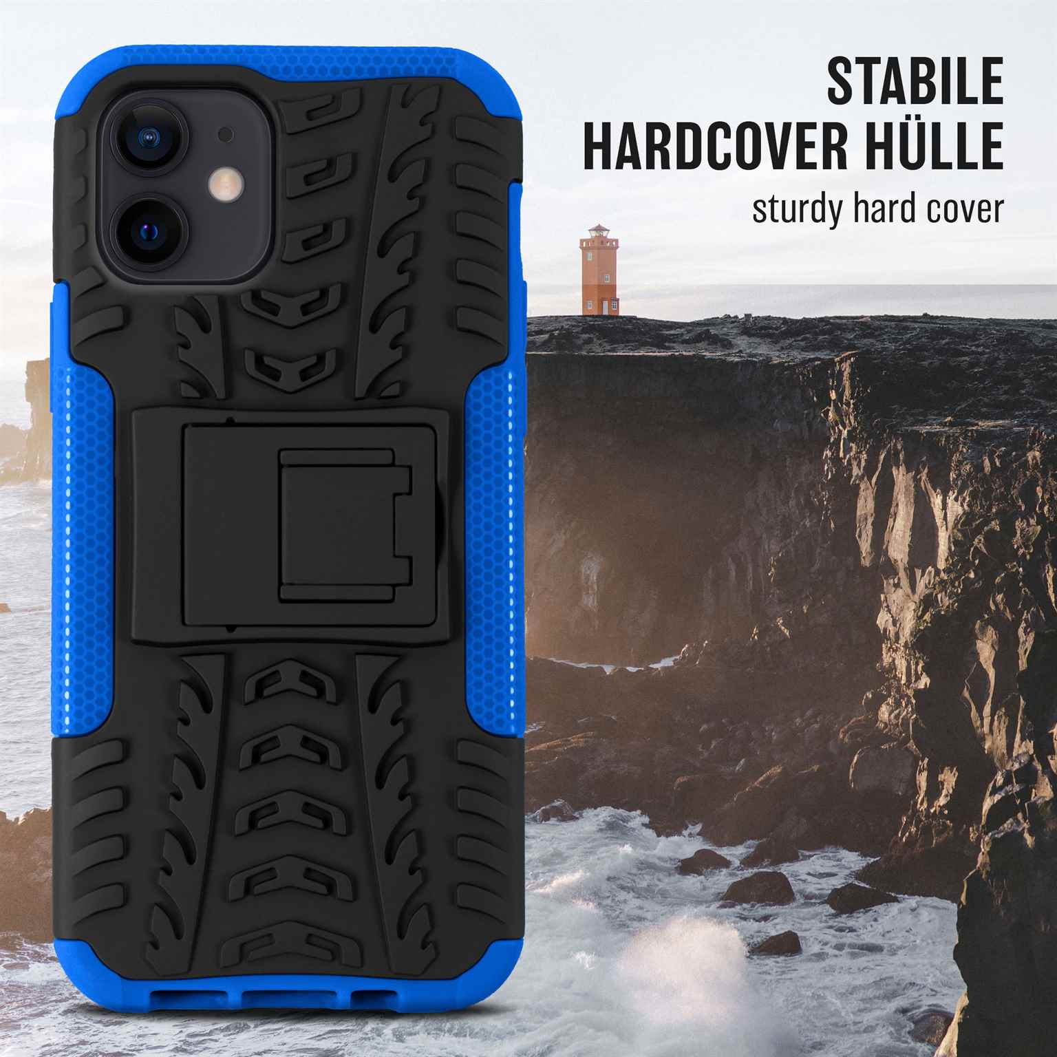 Eine blau-schwarze Handyhülle mit Ständer, vor einer Landschaft.