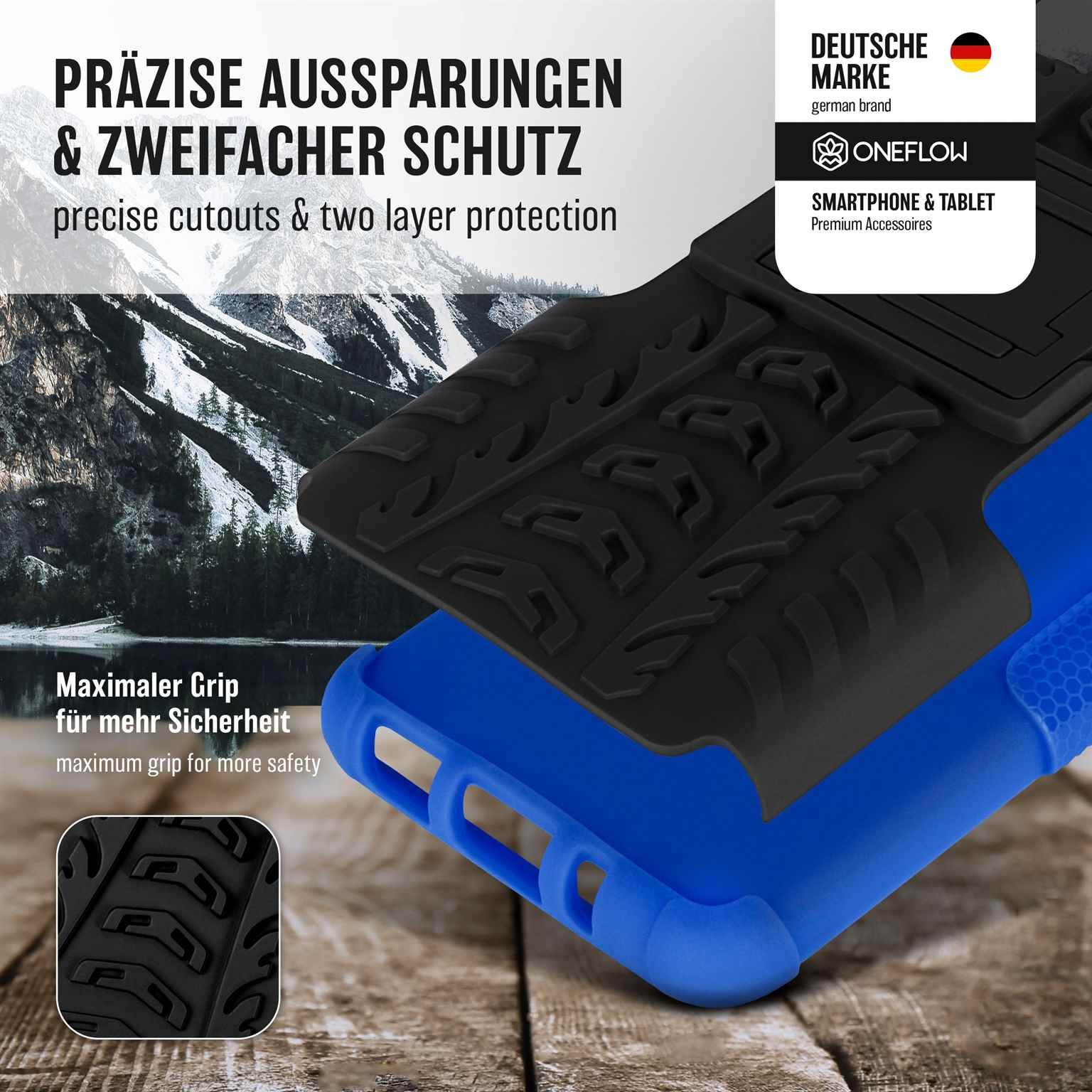 Blau-schwarze Handyhülle mit Text. Die Hülle wird in Nahaufnahme gezeigt.
