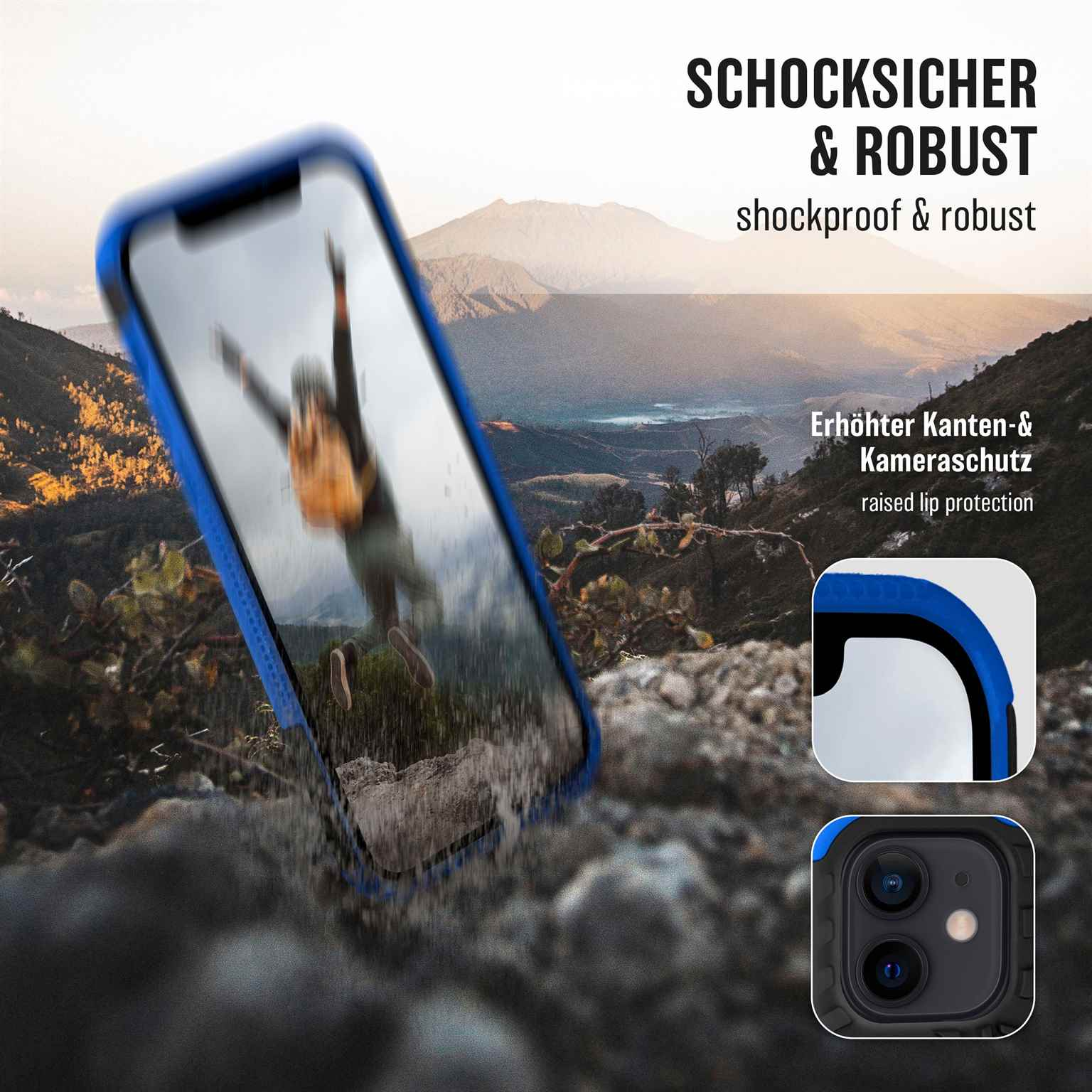 Handyhülle mit blauem Rahmen auf Berg-Hintergrund. Text: Stoßfest & Robust, erhöhter Lippenschutz.