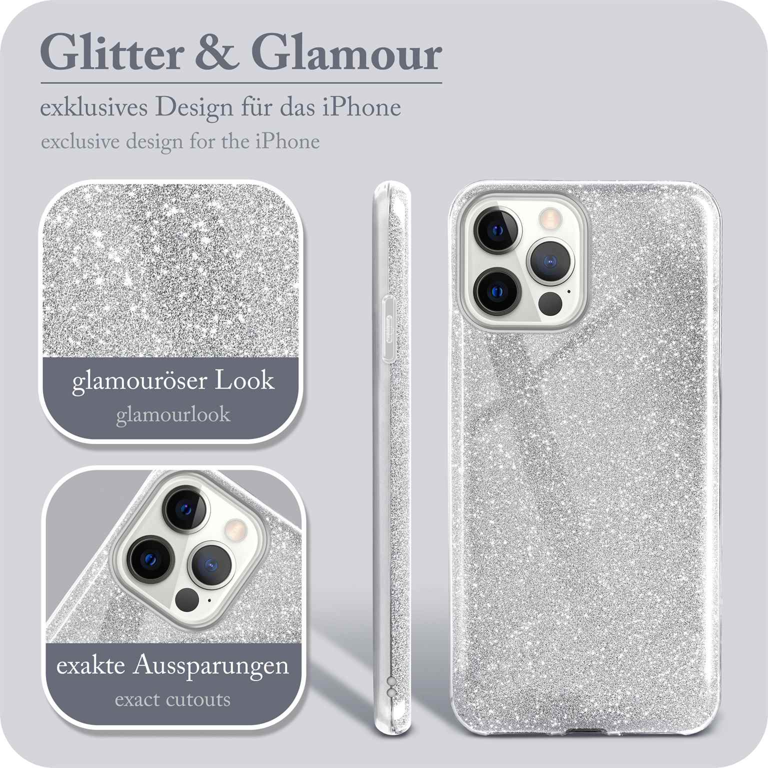 Silbernes Glitzer-iPhone-Case mit Glamour-Look, exakte Aussparungen. Nahaufnahmen des Cases.