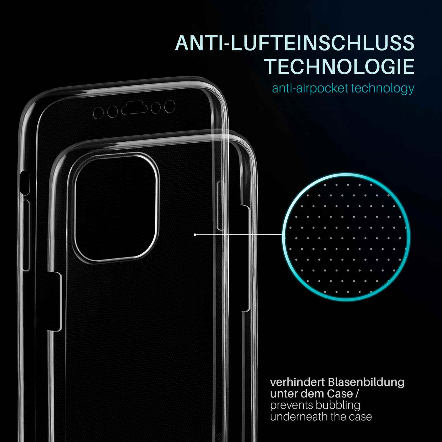 Eine transparente Handyhülle mit kleinen Punkten. Text gibt an, dass es Blasen unter der Hülle verhindert.
