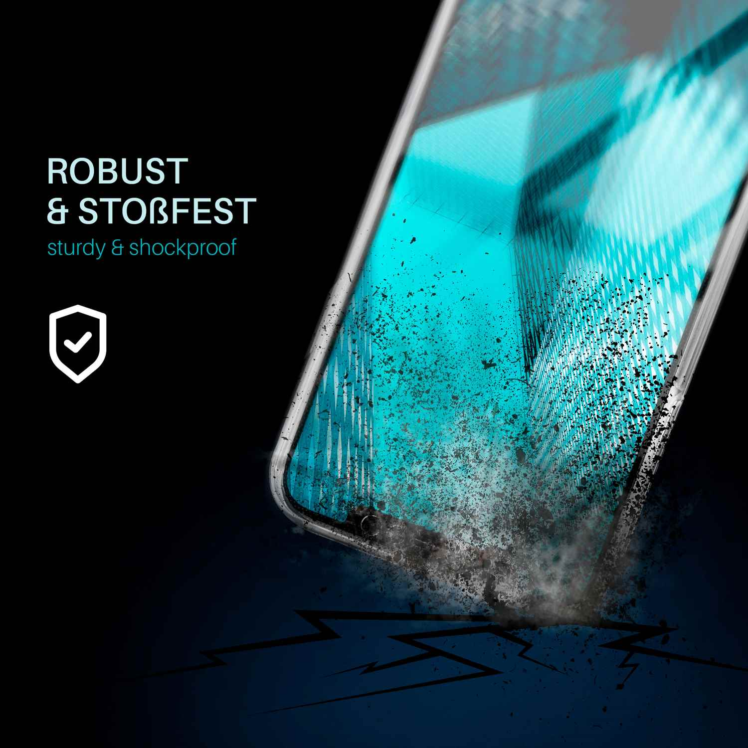 Handyhülle auf dunklem Hintergrund. Text sagt „robust & stoßfest“.