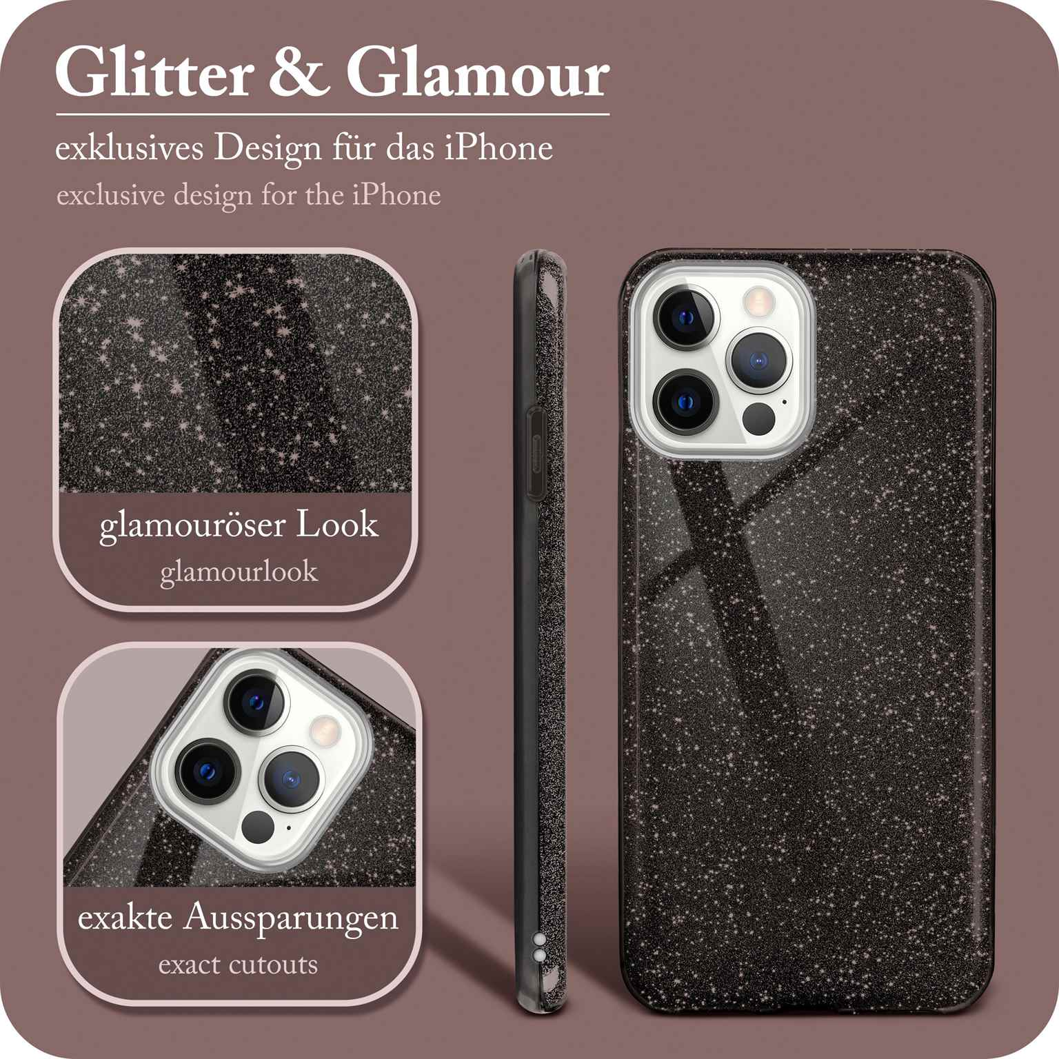 Case, 12 Glamour - Apple, Backcover, Black iPhone Pro Max, Glitter ONEFLOW
