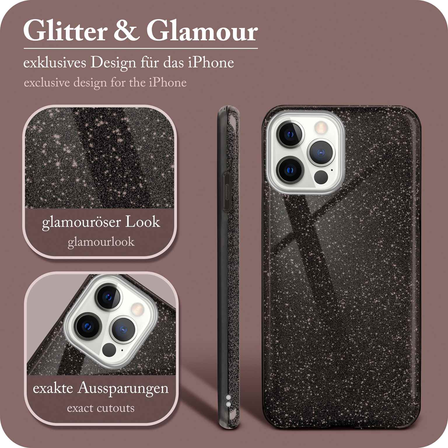 Nahaufnahme einer dunklen Glitzer-iPhone-Hülle mit dem Telefon darin und Details.