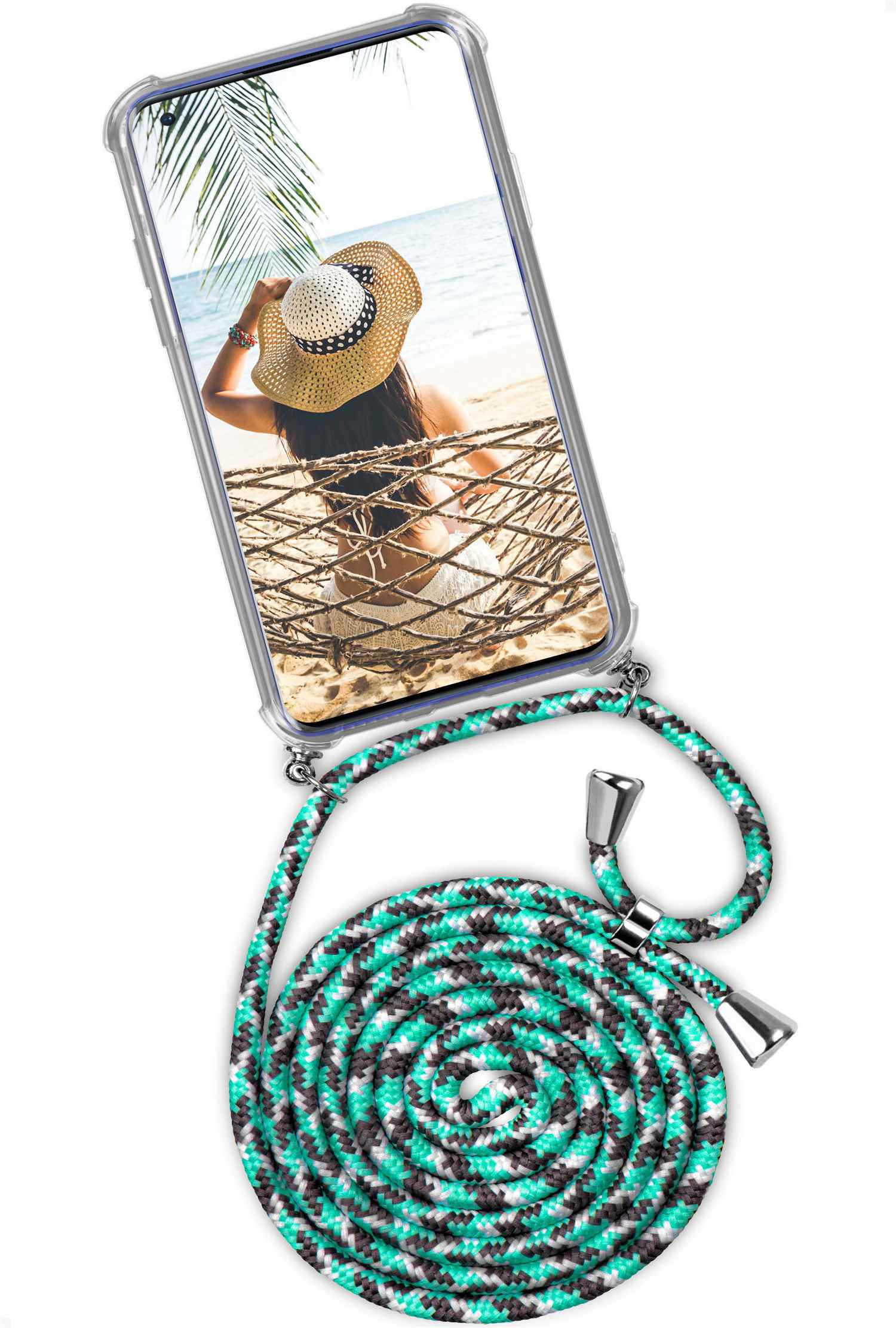 Handyhülle mit grünem Kordel. Auf dem Bildschirm sieht man eine Frau am Strand.
