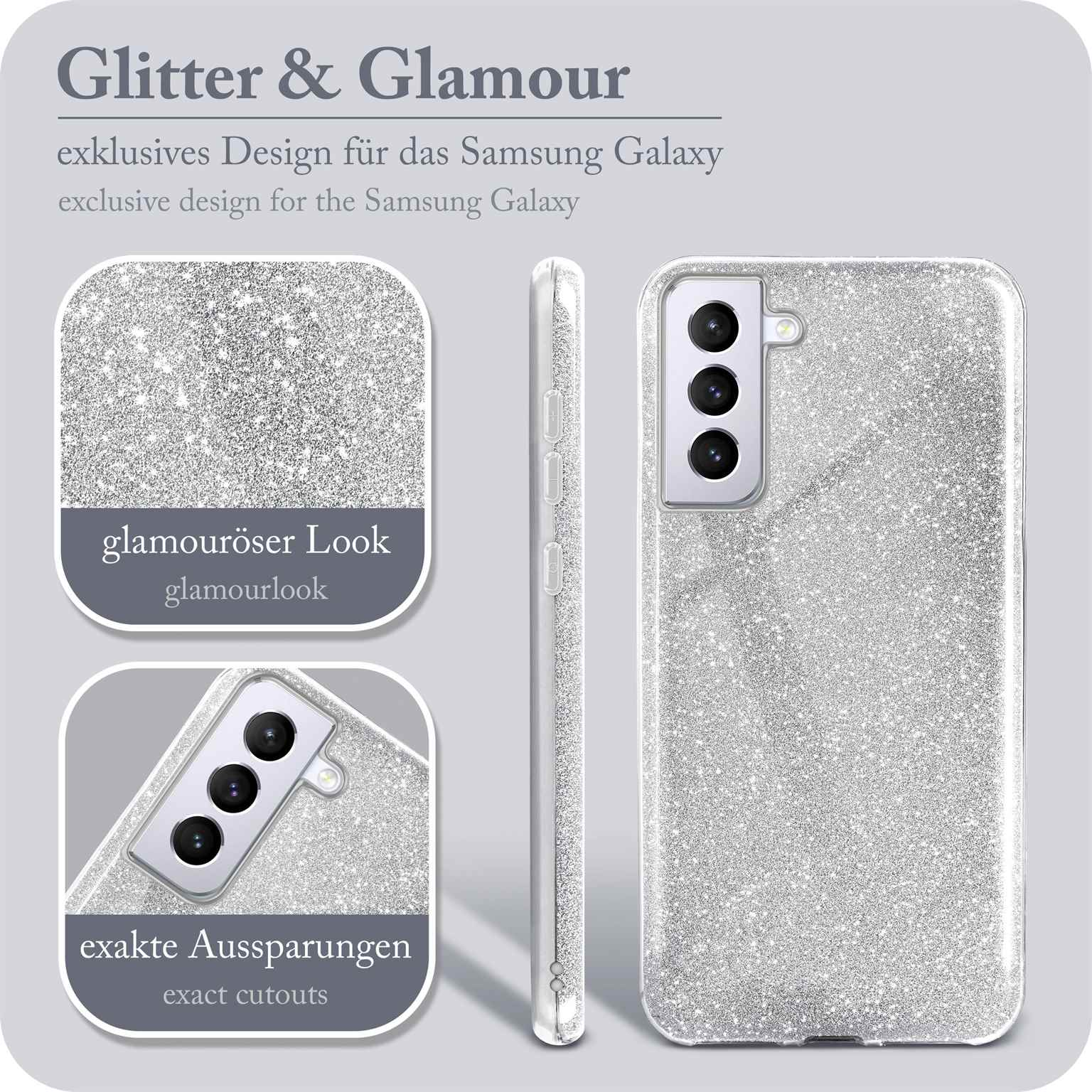Silber Glitzer Handyhülle mit drei Kameralinsen. Text sagt 'Glitter & Glamour'.