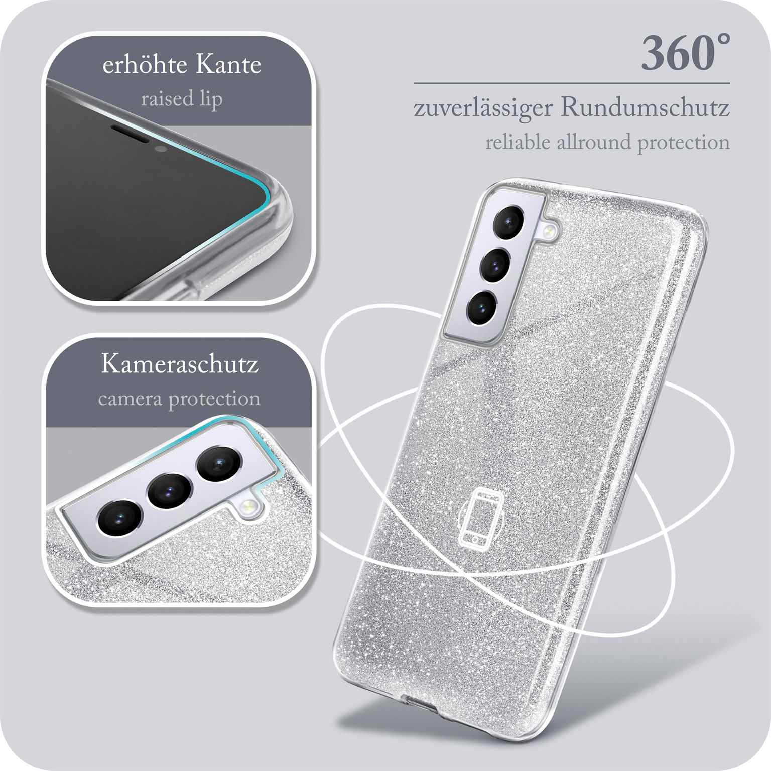 Eine Handyhülle mit Glitzerdesign auf einem Telefon. Bilder zeigen Details der Hülle und des Telefons.