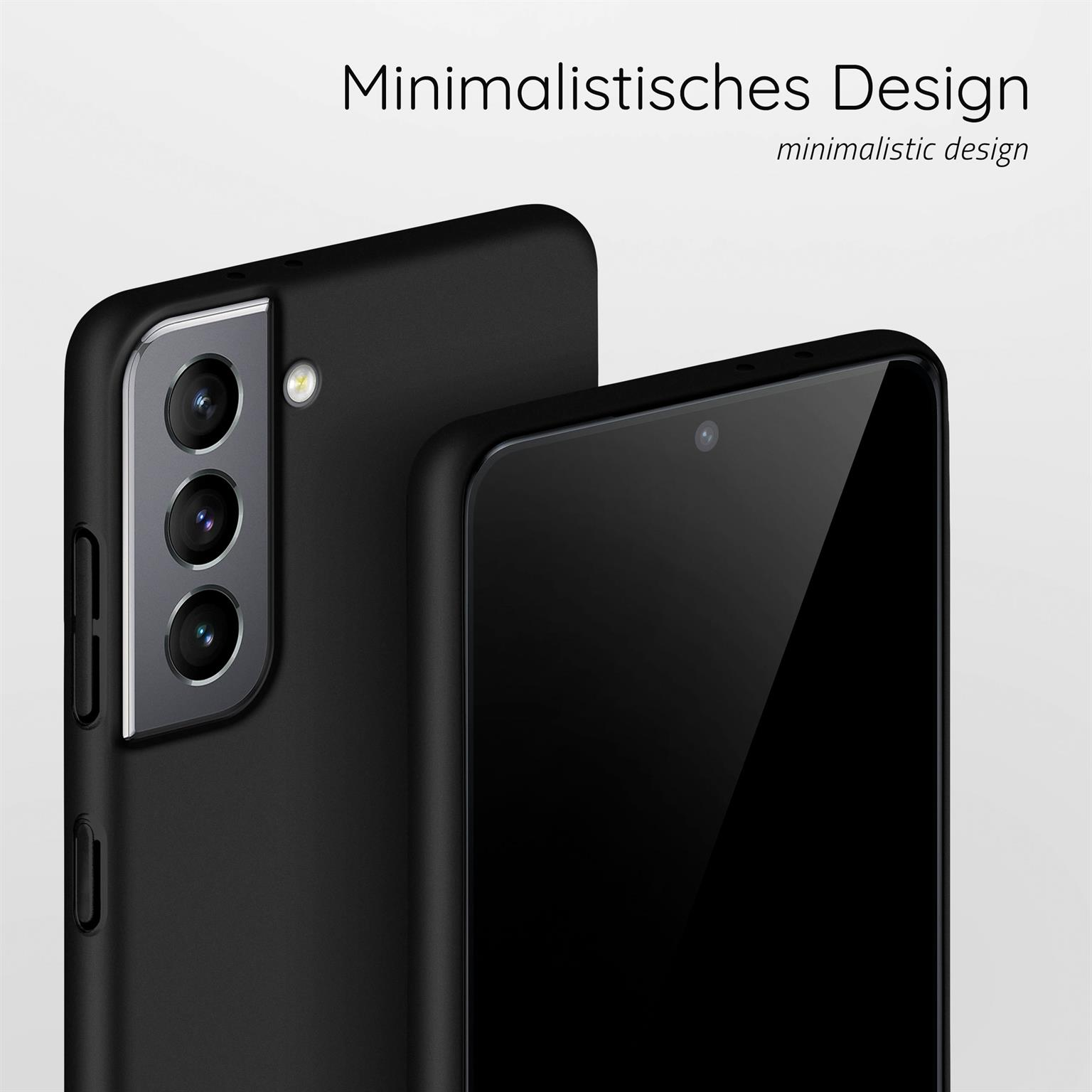 Zwei schwarze Telefone. Minimalistisches Design. Ein Telefon hat eine Kameraerhebung. Heller Hintergrund.