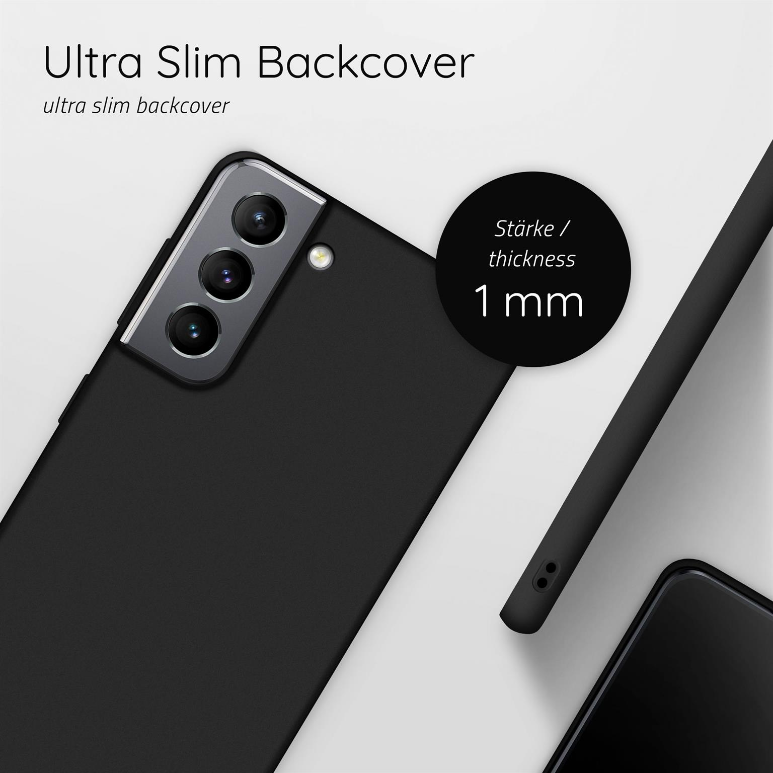 Schwarze Handyhülle mit einer Dicke von 1 mm, mit Nahaufnahme der Rückseite.