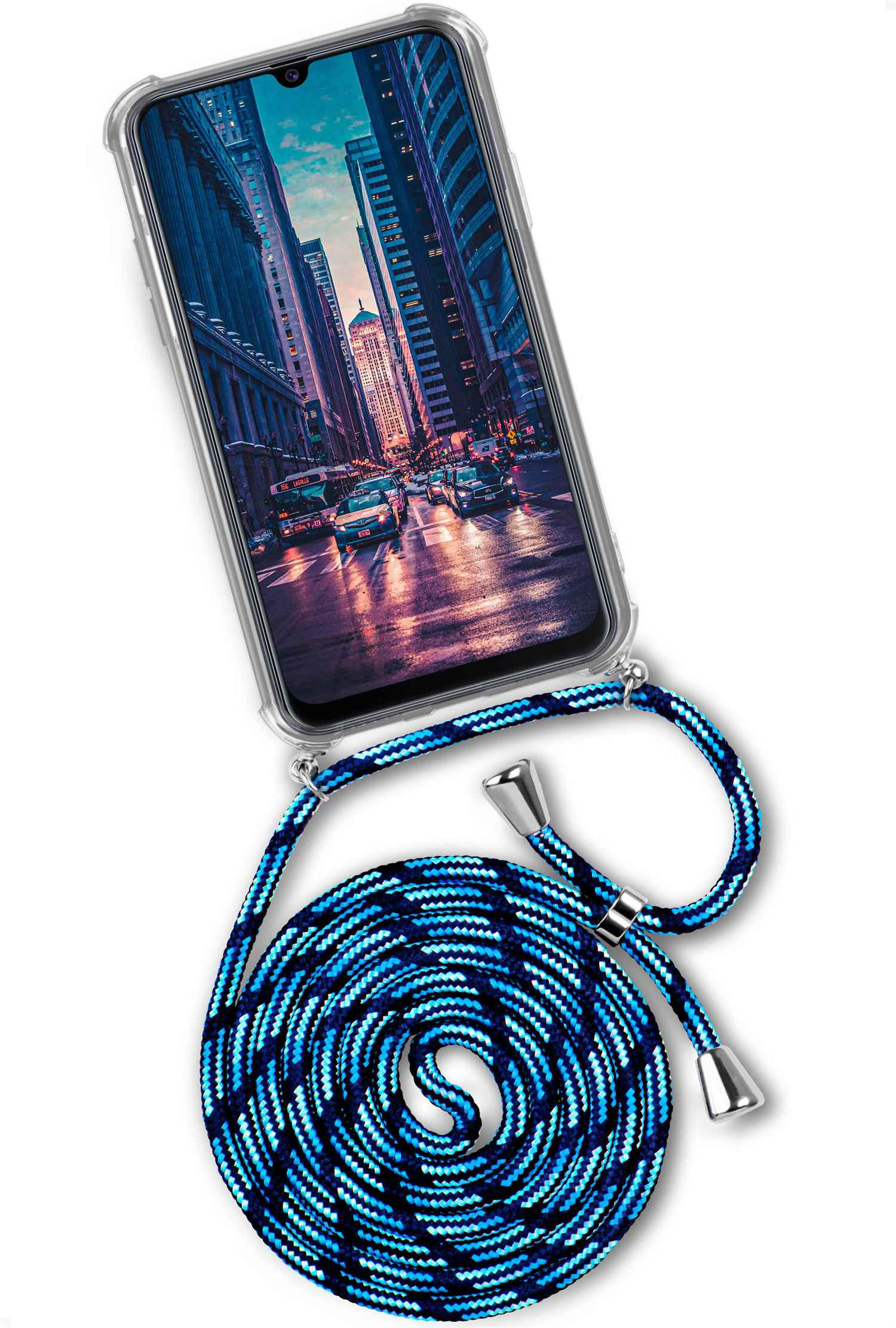 Telefon in einer durchsichtigen Hülle mit blauem Band. Das Telefon zeigt eine Stadt.