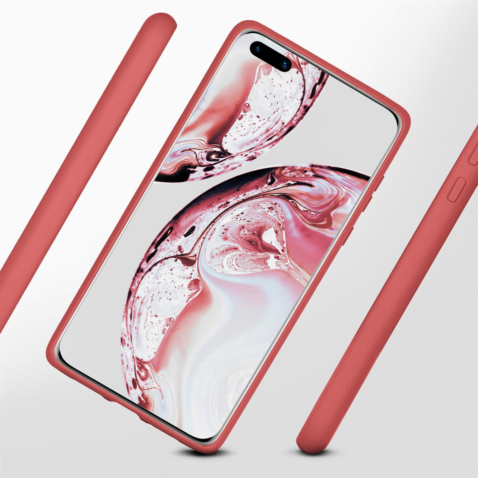Rotes Handycover mit abstraktem Hintergrund auf einem weißen Sockel.