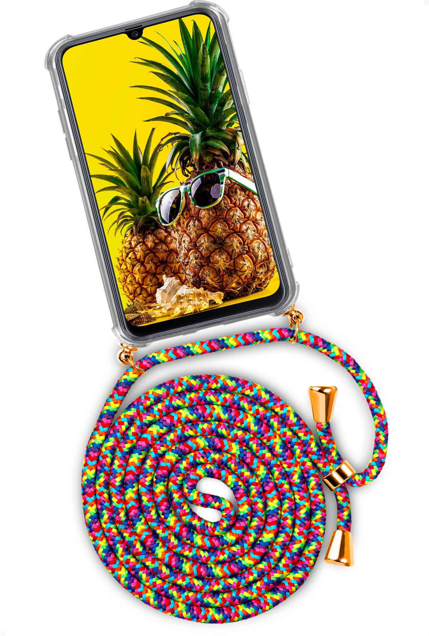 Telefon mit Ananas. Mehrfarbiges Kabel. Klare Handyhülle.
