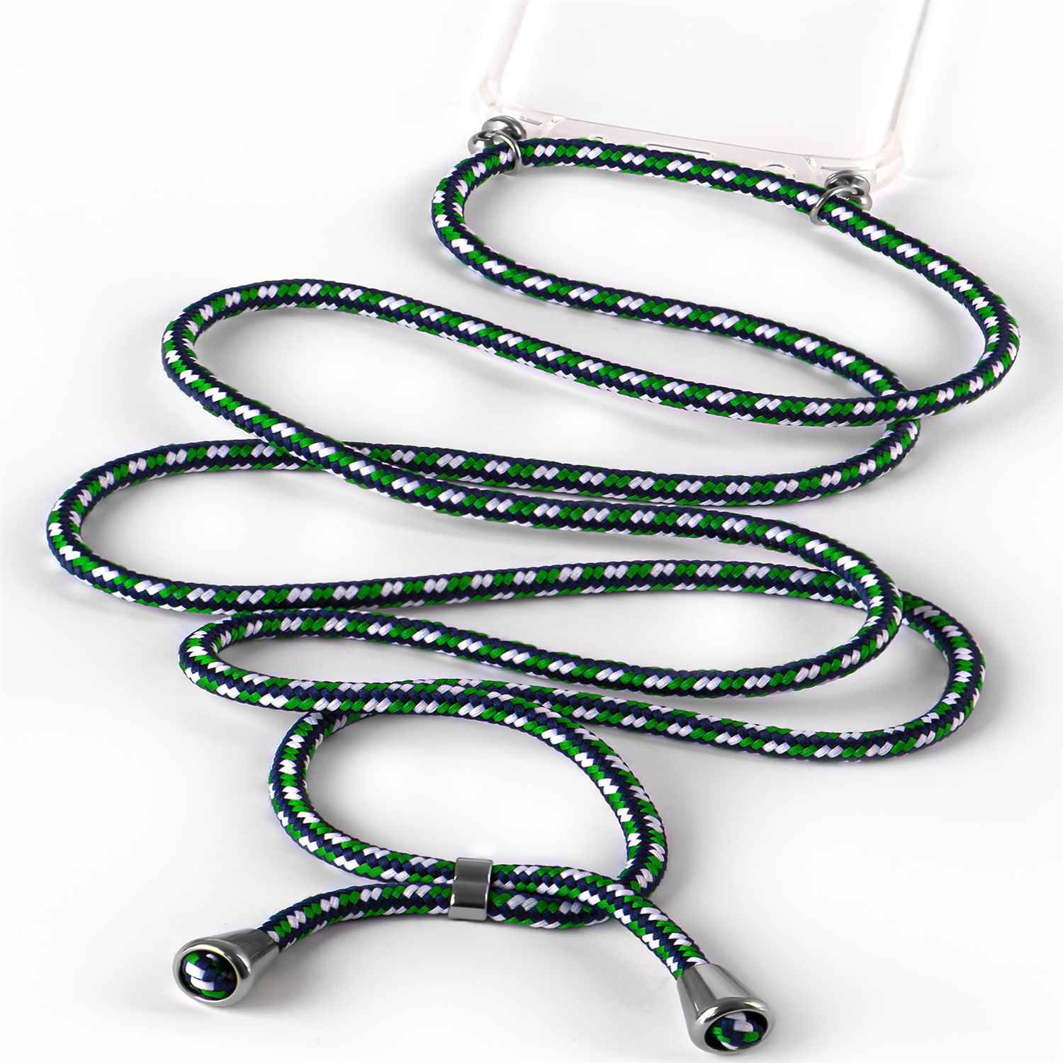 Eine Handyhülle mit einem grün-weiß-blau gemusterten Lanyard.