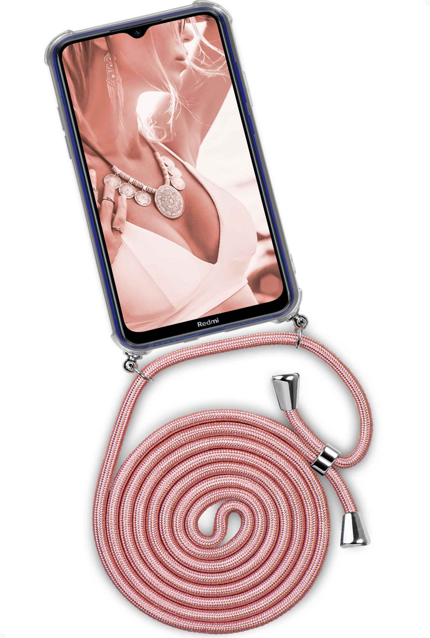 Handyhülle mit Frauenbild. Rosa Kordel mit silbernen Akzenten. Weißer Hintergrund.