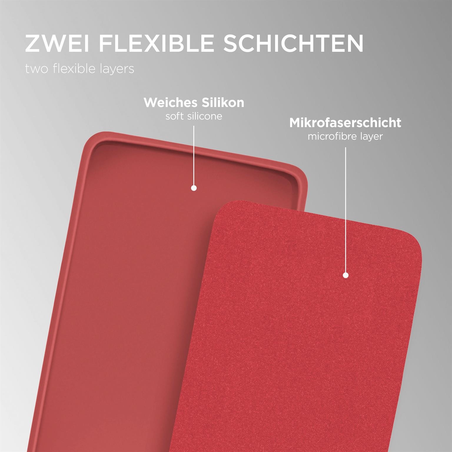 Zwei-Schicht-Handyhülle: weiche Silikonschicht und eine Mikrofaser-Schicht, rote Farbe.