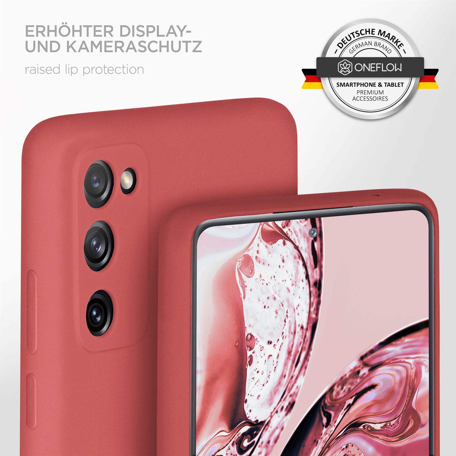 Rote Handyhülle, erhöhte Lippe. Text-Overlay: Erhöhter Lippenschutz.