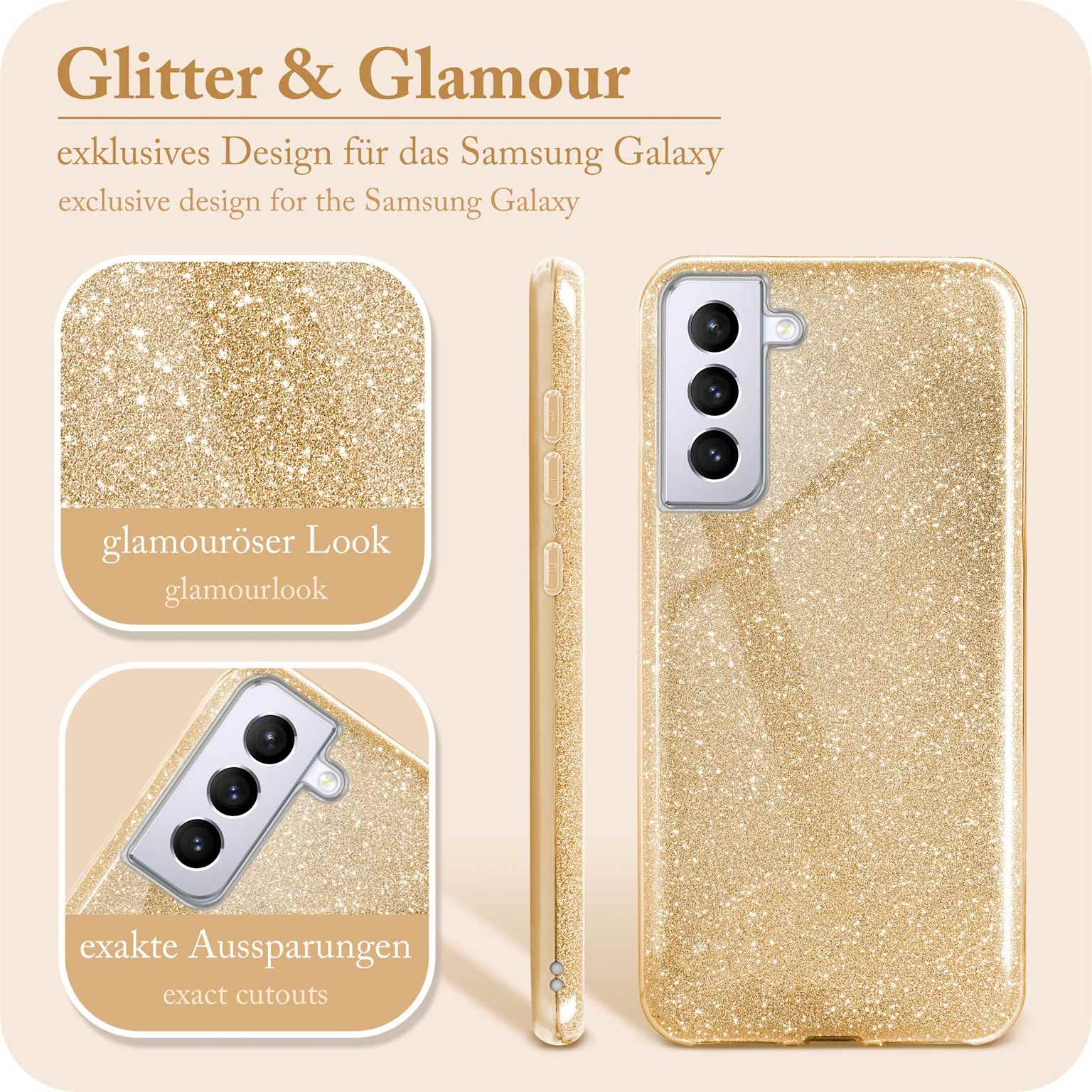 Goldene Glitzer-Handyhülle mit schwarzem Kamerabereich. Texte: 'Glitter & Glamour', 'exklusive Design'.