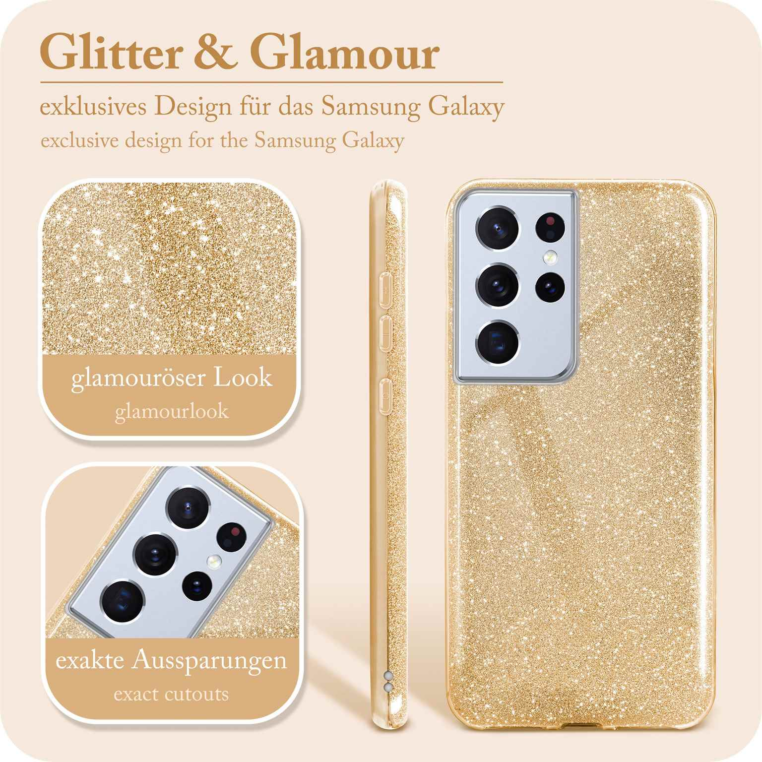 Nahaufnahme einer goldenen Handyhülle mit Glitzer.