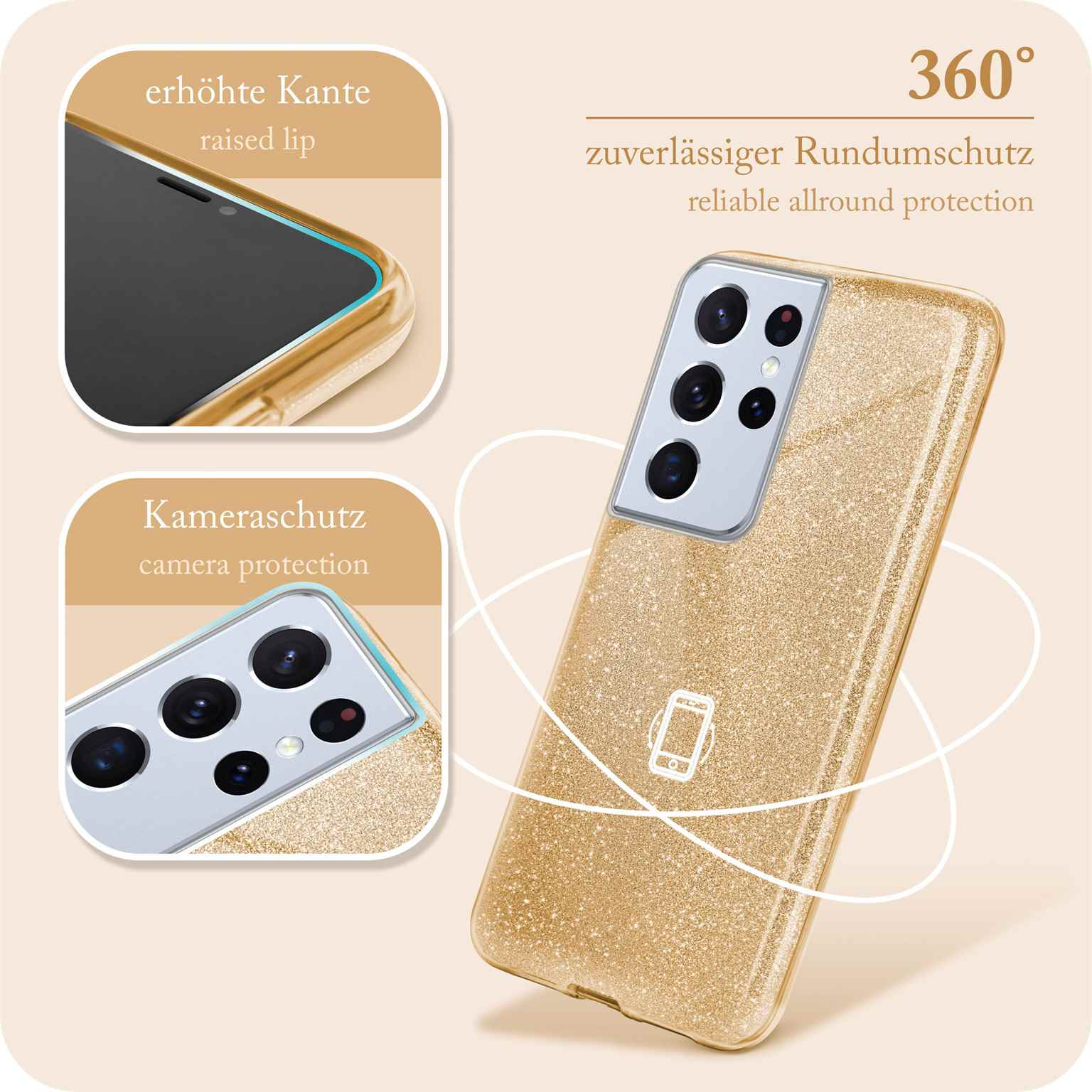 Gold-Glitzer-Handyhülle mit Telefon darin. Nahaufnahmen von Kamera- und Kantenschutz.