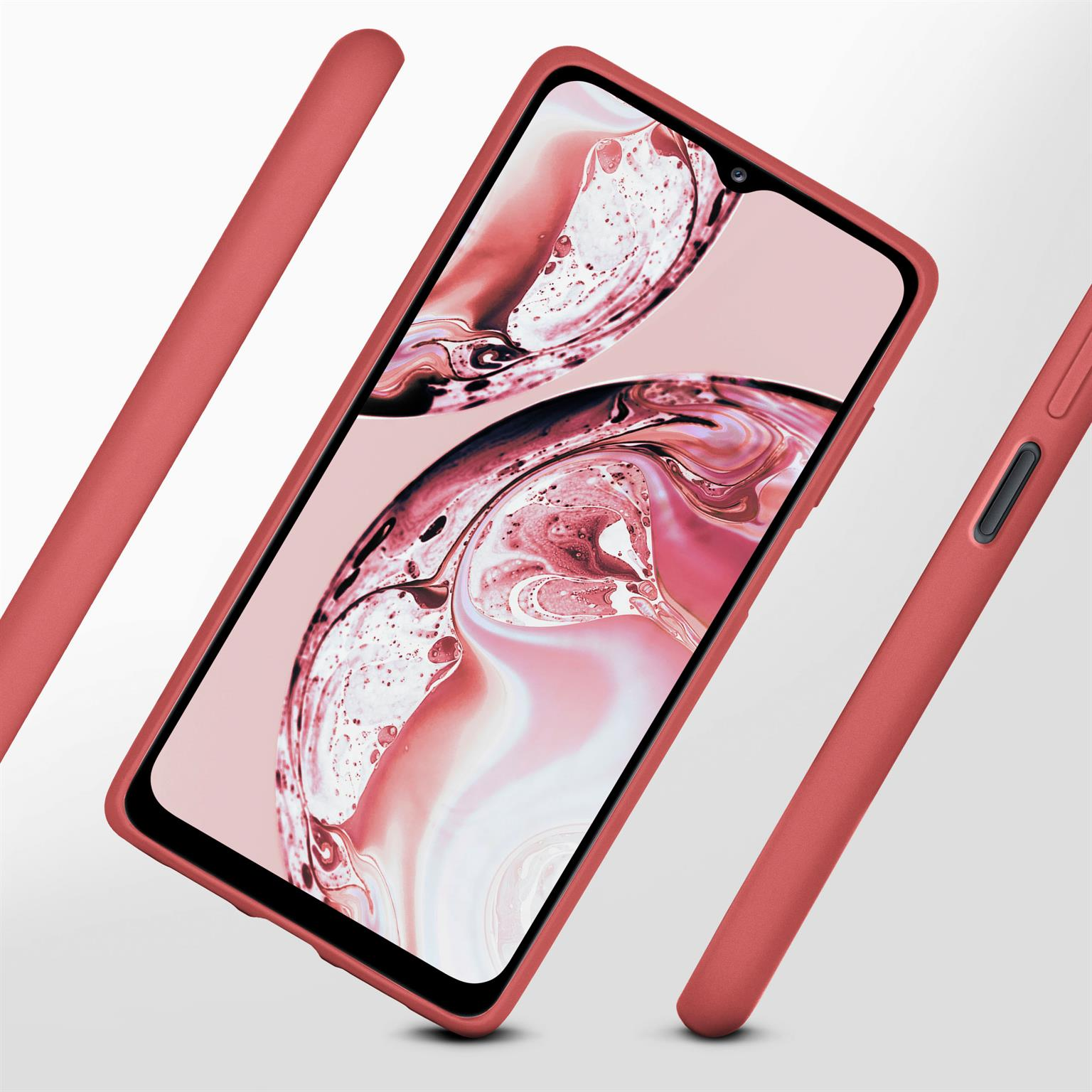 Rote Handyhülle um das Telefon. Abstrakter pinkfarbener Hintergrund sichtbar. Rote Seitentasten gezeigt.