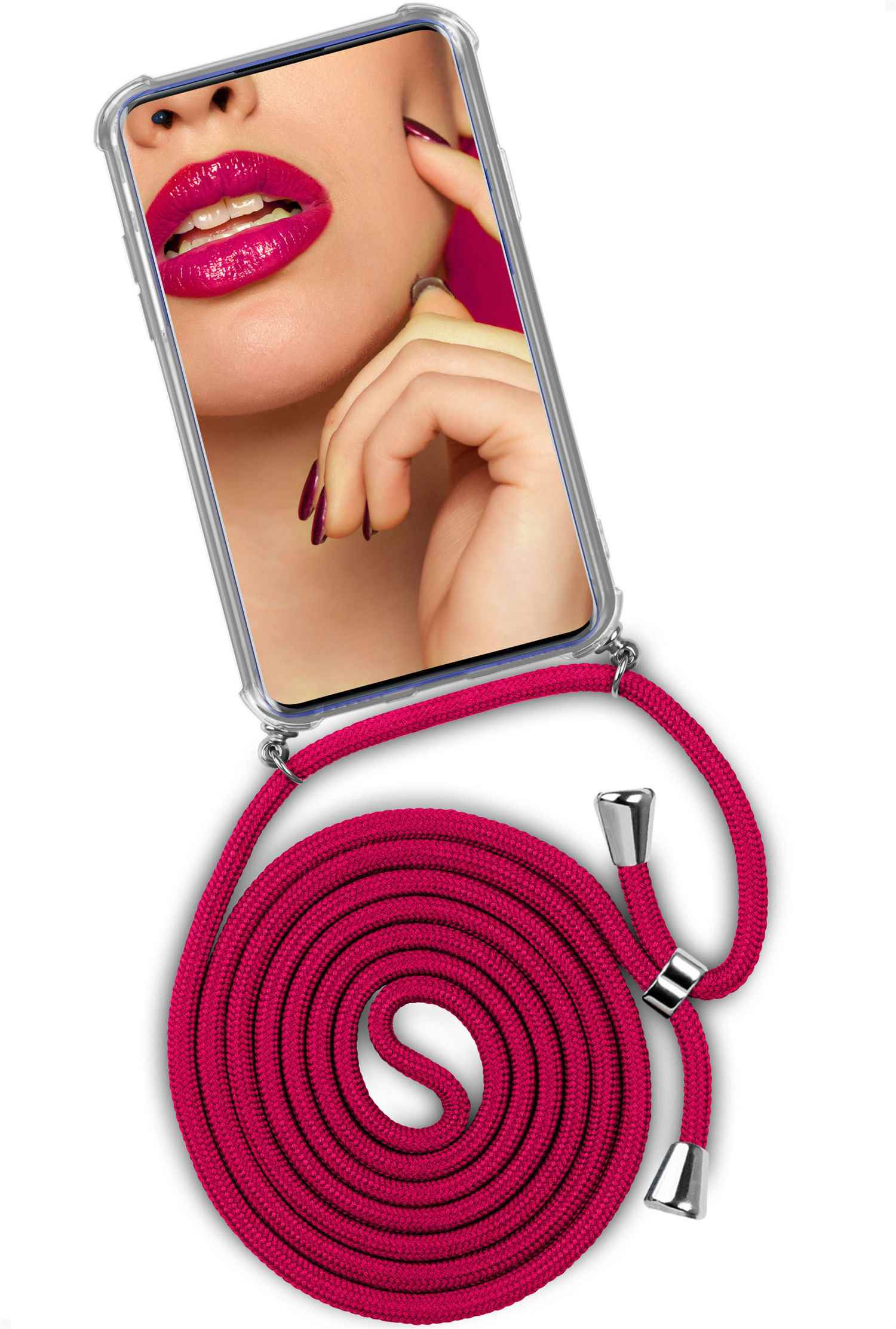 Telefon mit Riemen. Bildschirm zeigt Frau mit pinken Lippen.