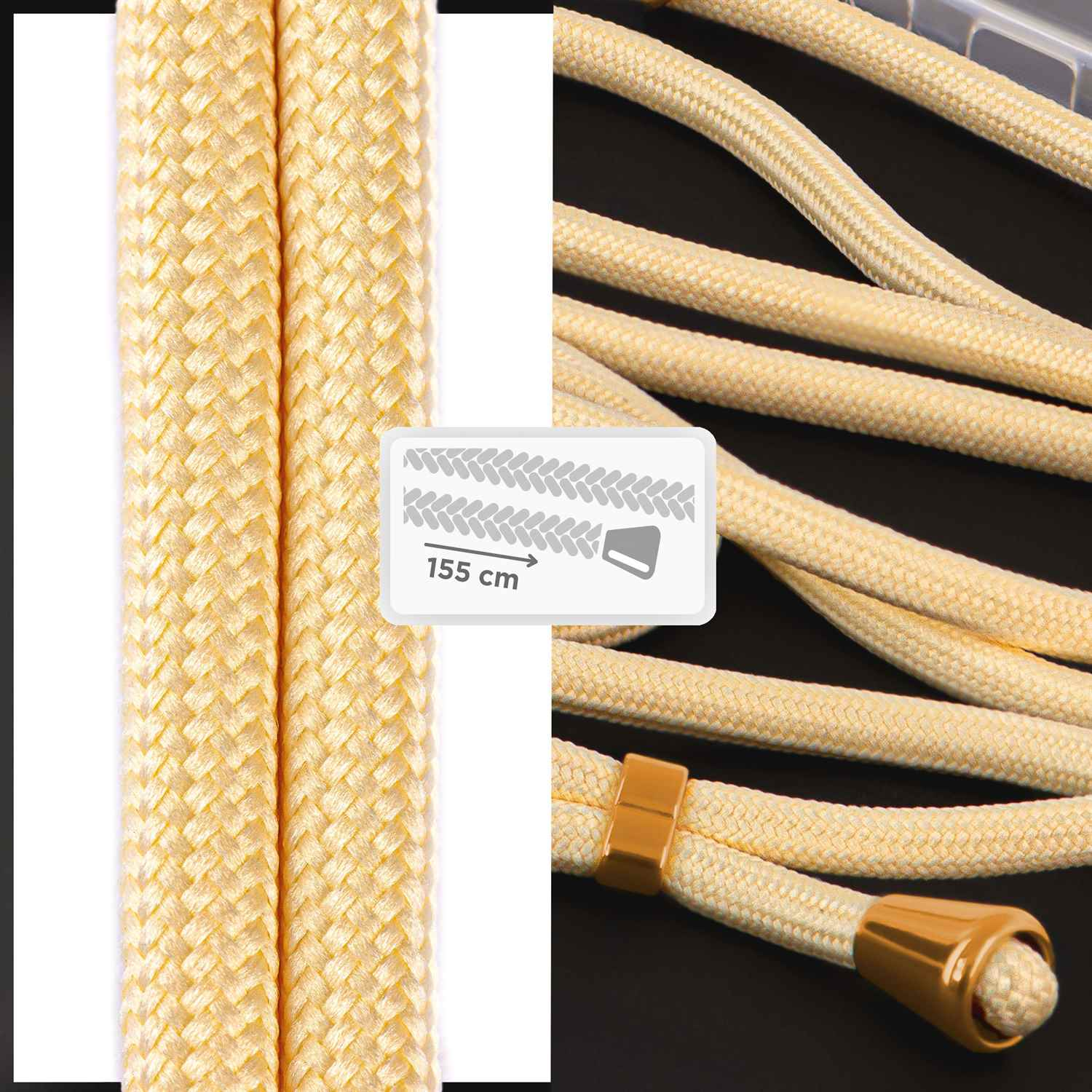 Telefonriemen, gelb, mit Text '155 cm' auf der linken Seite.