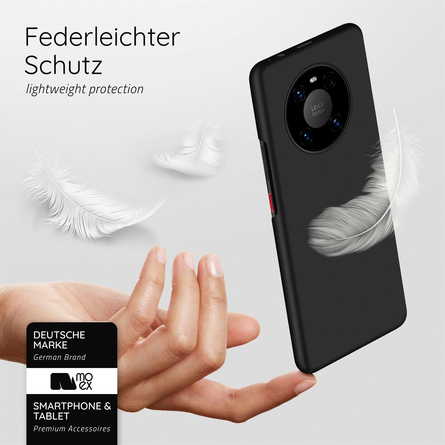 Schwarze Handyhülle mit Telefon und weißen Federn. Text sagt 'leichter Schutz'.