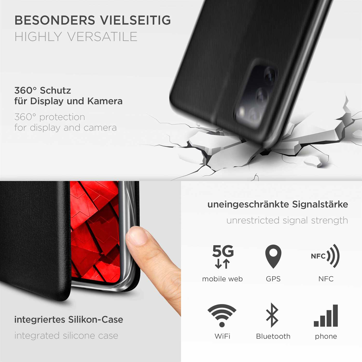 Handyhülle, Text über 360°-Schutz und Signalstärke sowie Symbole.