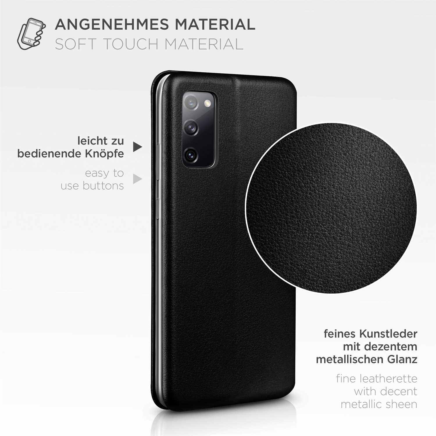 Schwarze Handyhülle mit Nahaufnahme der Textur. Text: Soft-Touch-Material. Einfach zu bedienende Knöpfe.